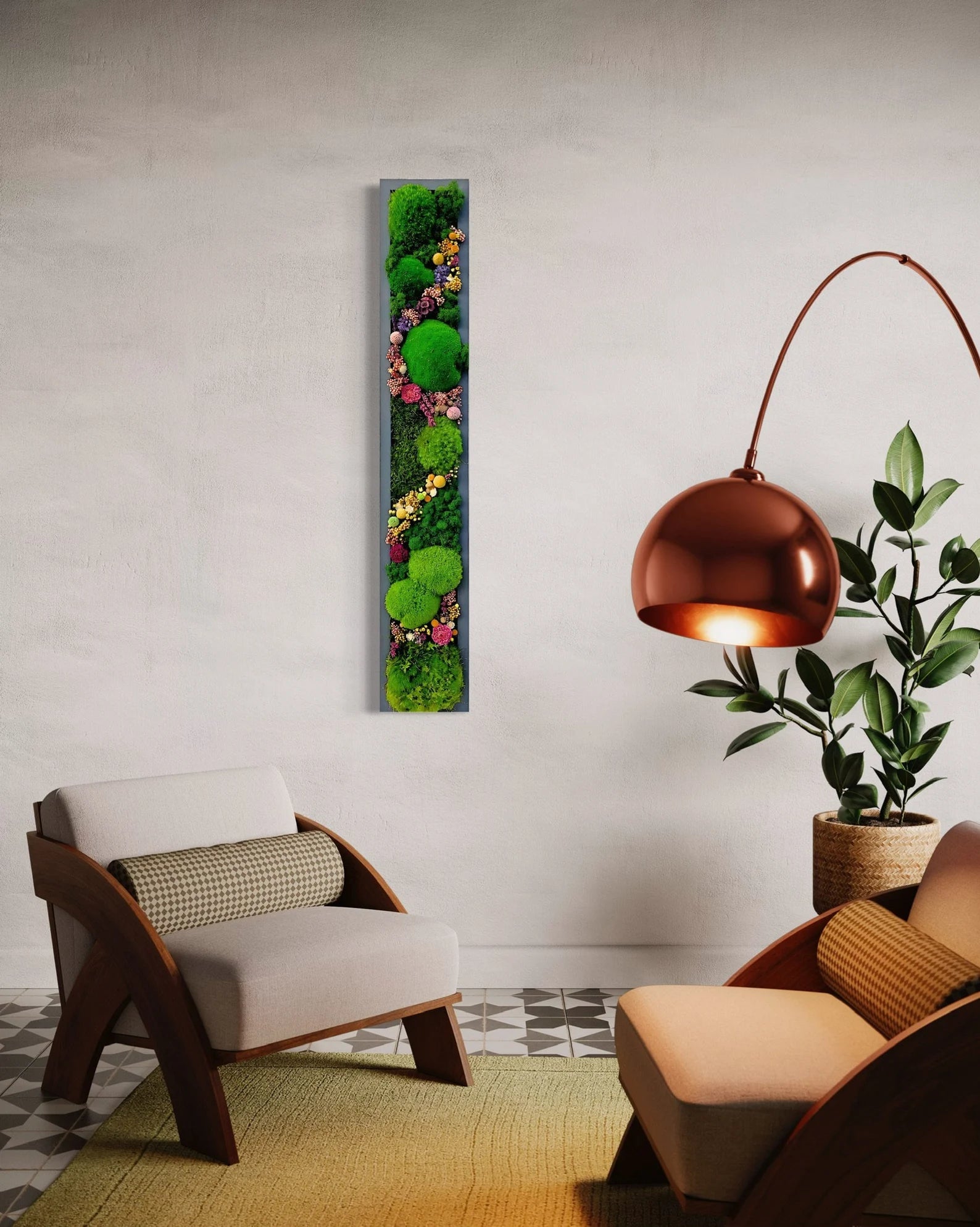 Moss Wall Art with Flowers – Preserved Green Moss Art, Handmade Botanical Wall Décor, Living Moss Picture, Unique Natural Home Accent