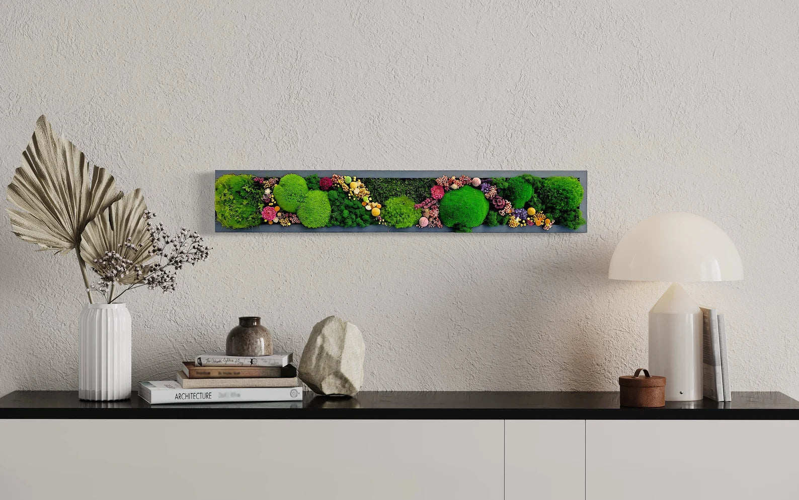 Moss Wall Art with Flowers – Preserved Green Moss Art, Handmade Botanical Wall Décor, Living Moss Picture, Unique Natural Home Accent