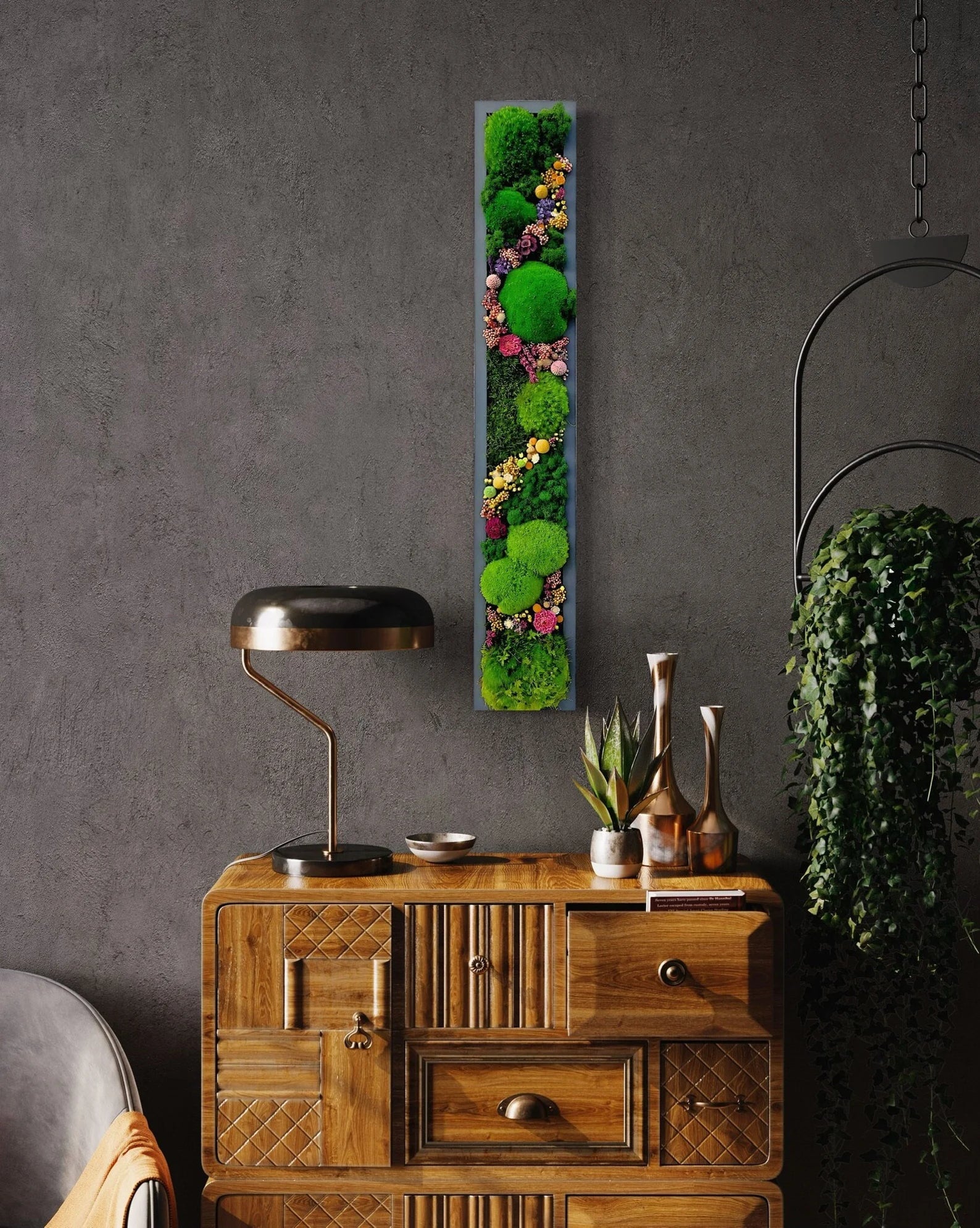 Moss Wall Art with Flowers – Preserved Green Moss Art, Handmade Botanical Wall Décor, Living Moss Picture, Unique Natural Home Accent