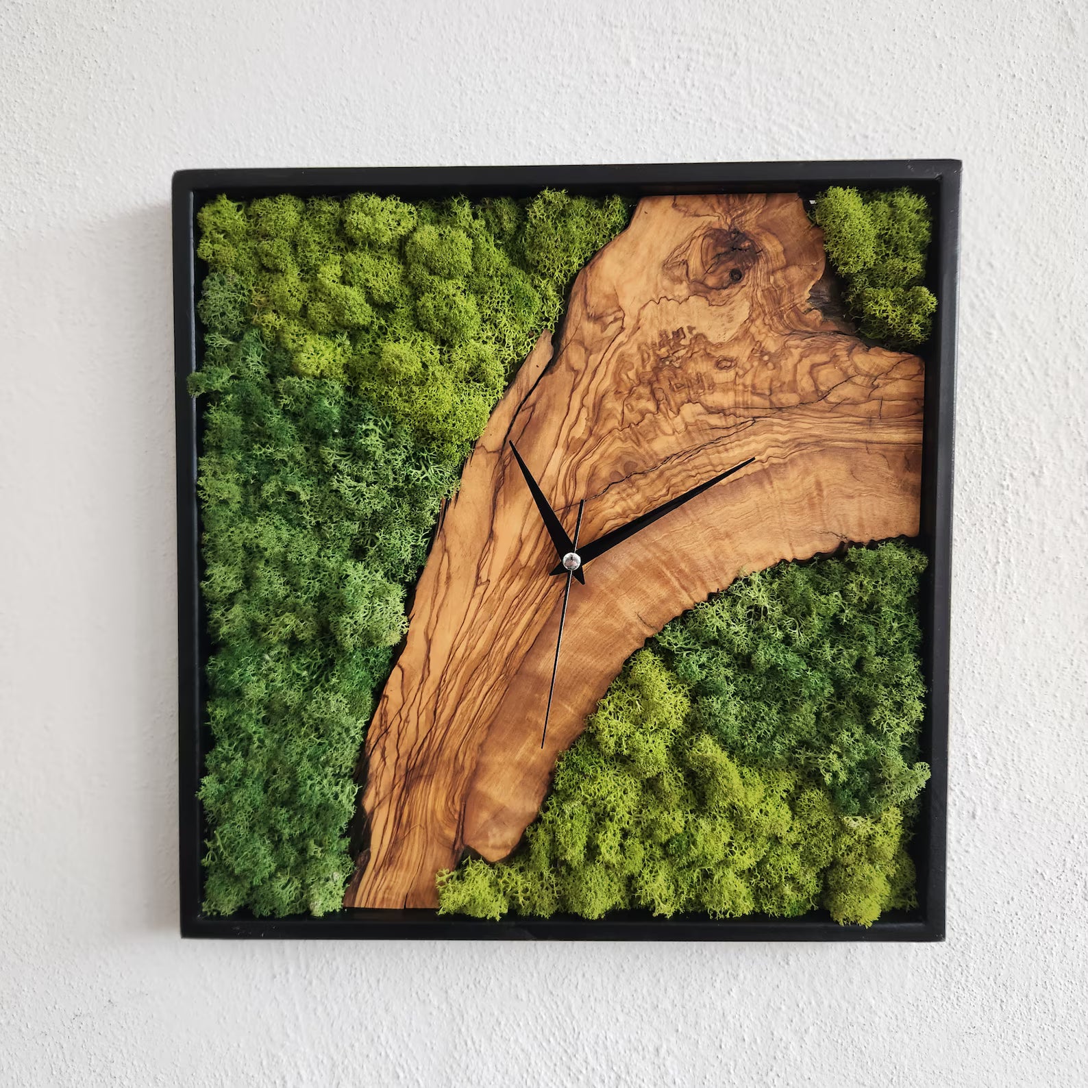 Olive Wood & Moss Wall Clock – Metal Frame, Stabilized Preserved Moss Art