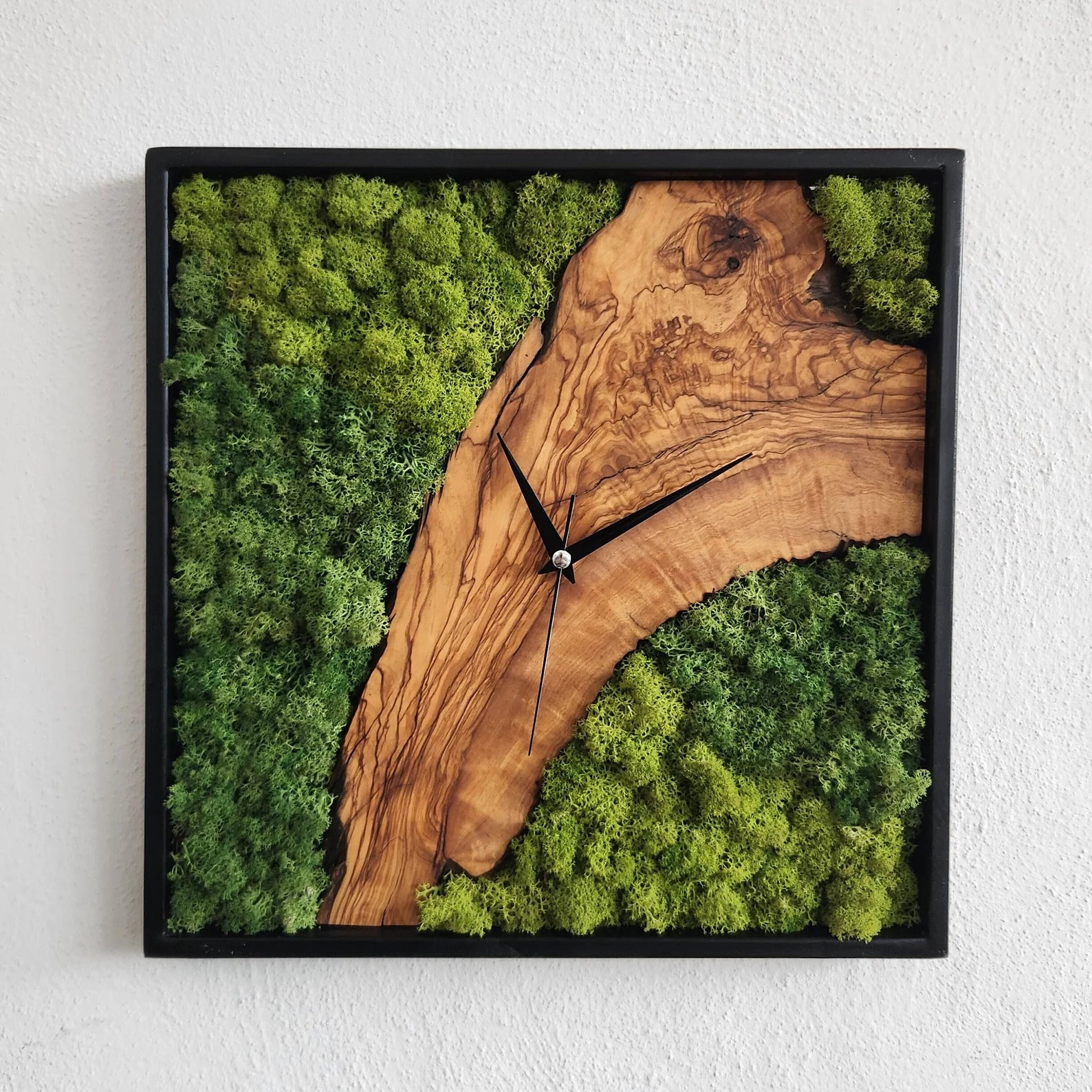 Olive Wood & Moss Wall Clock – Metal Frame, Stabilized Preserved Moss Art