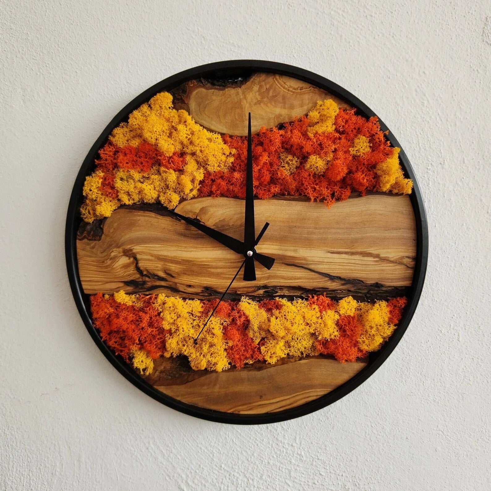 Handmade Moss and Olive Wood Wall Clock – Boho Home Decor