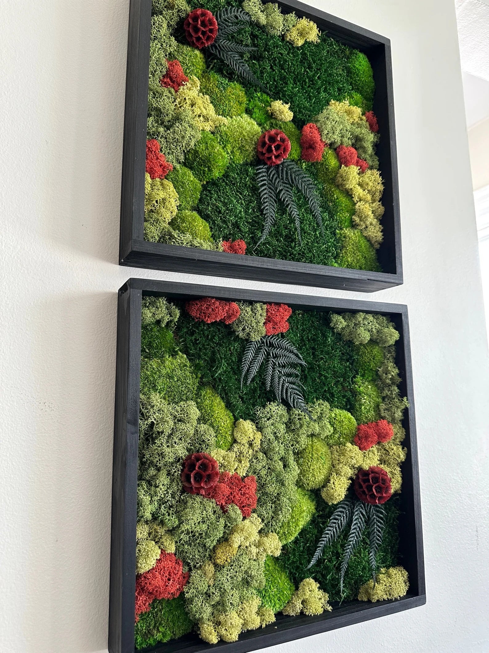 Square Moss Wall Art – Preserved Moss Frame with Flowers & Fern