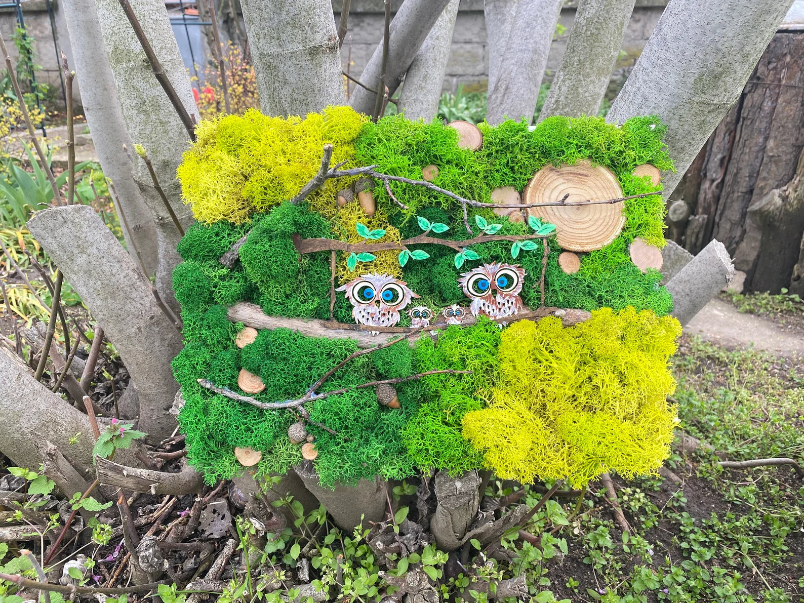 Handmade Wood Owls Moss Art | Minimal Scandinavian Décor