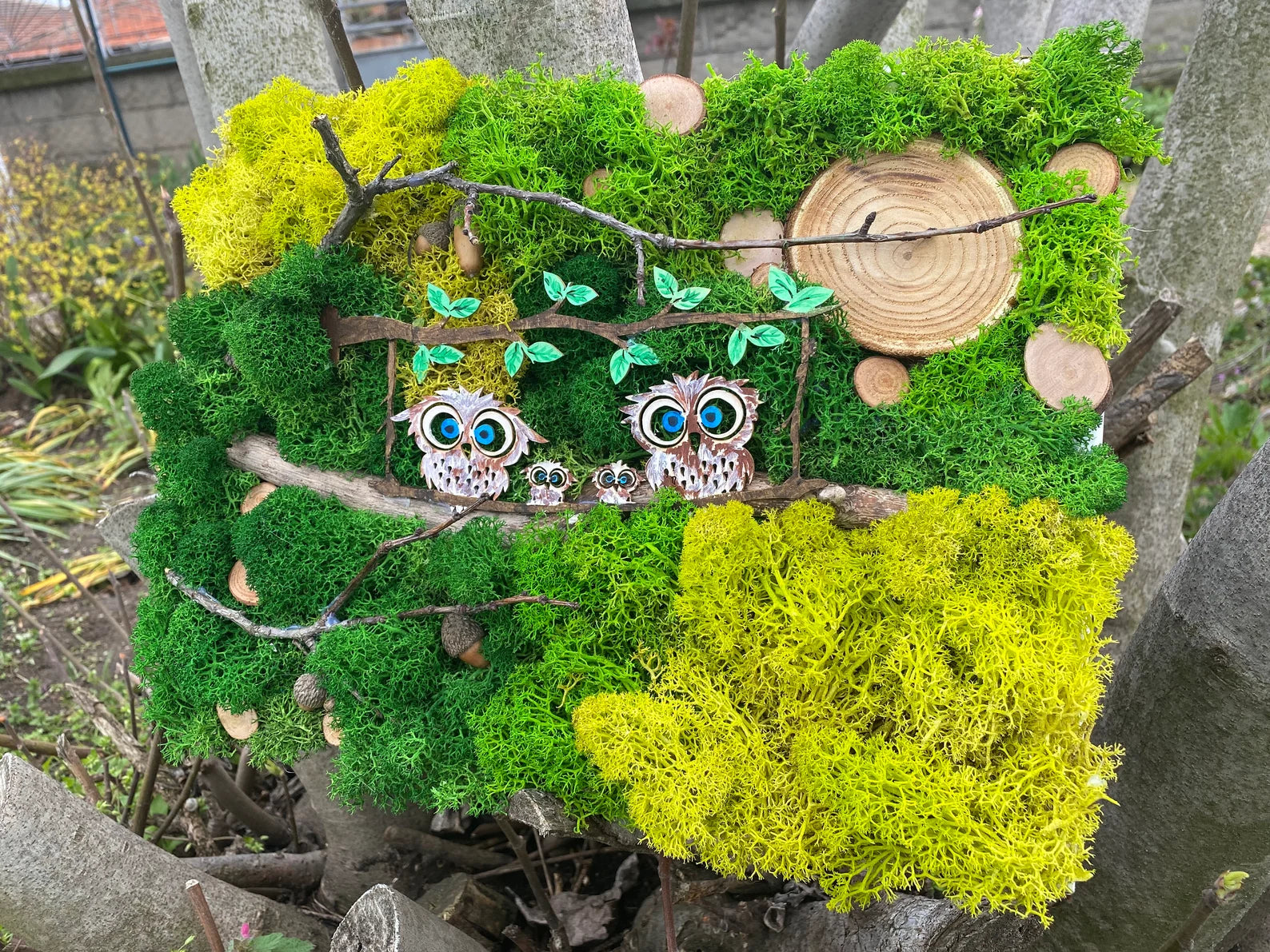 Handmade Wood Owls Moss Art | Minimal Scandinavian Décor