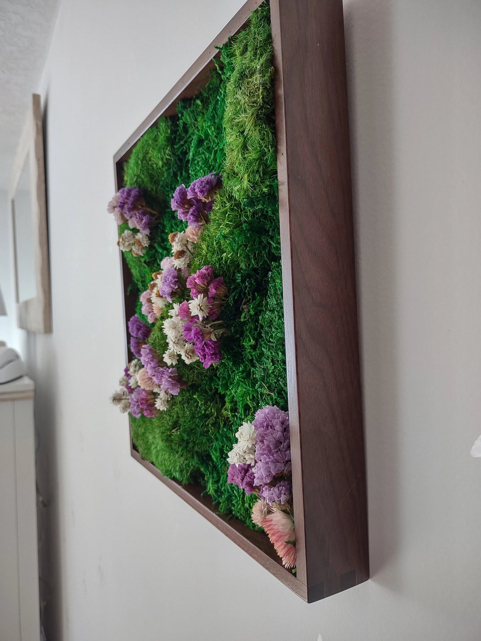 Moss Wall Art Set of 3 – 12x12 Flower Scape Tiles | Handmade Black Walnut Wood Frames | Nature Wall Decor