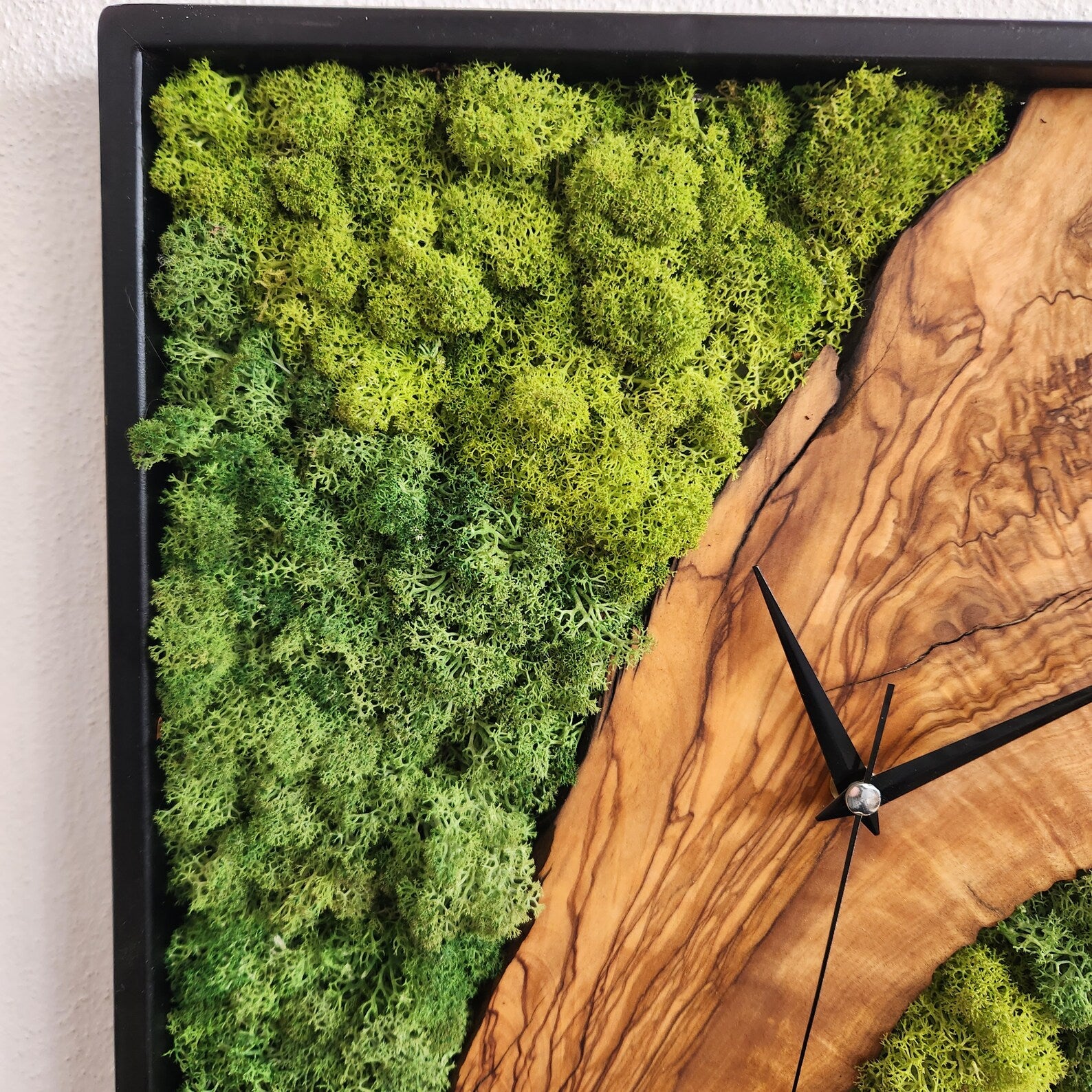 Olive Wood & Moss Wall Clock – Metal Frame, Stabilized Preserved Moss Art