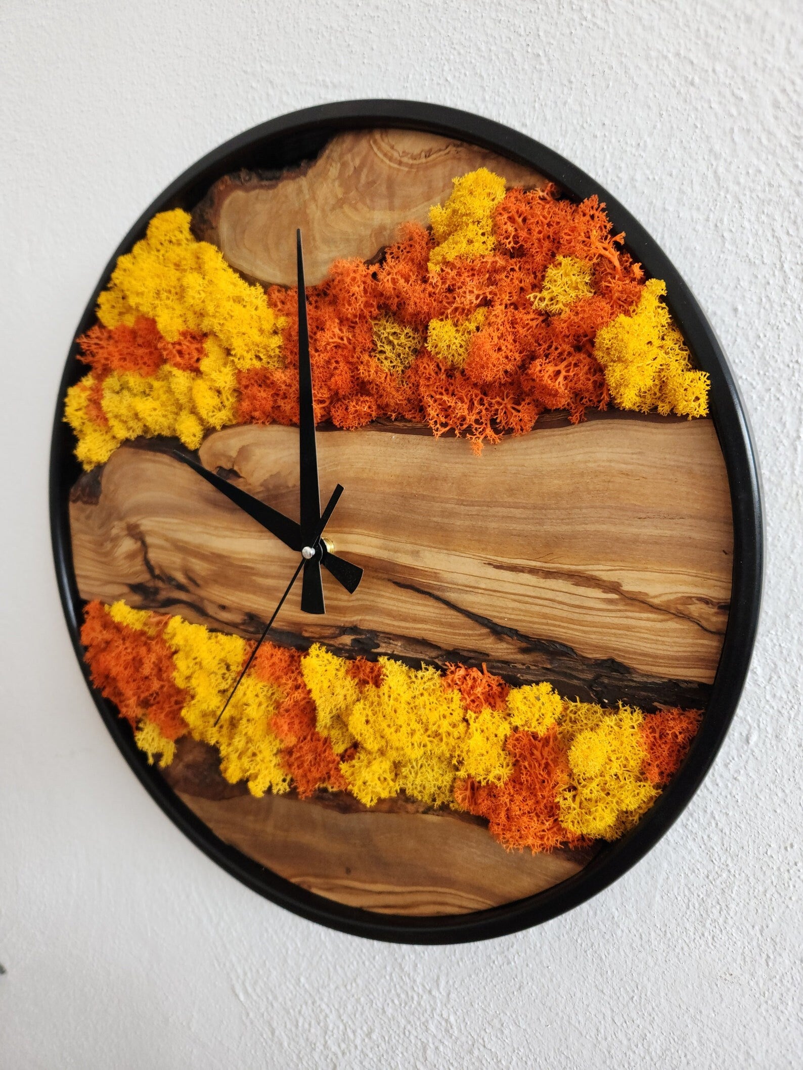 Handmade Moss and Olive Wood Wall Clock – Boho Home Decor