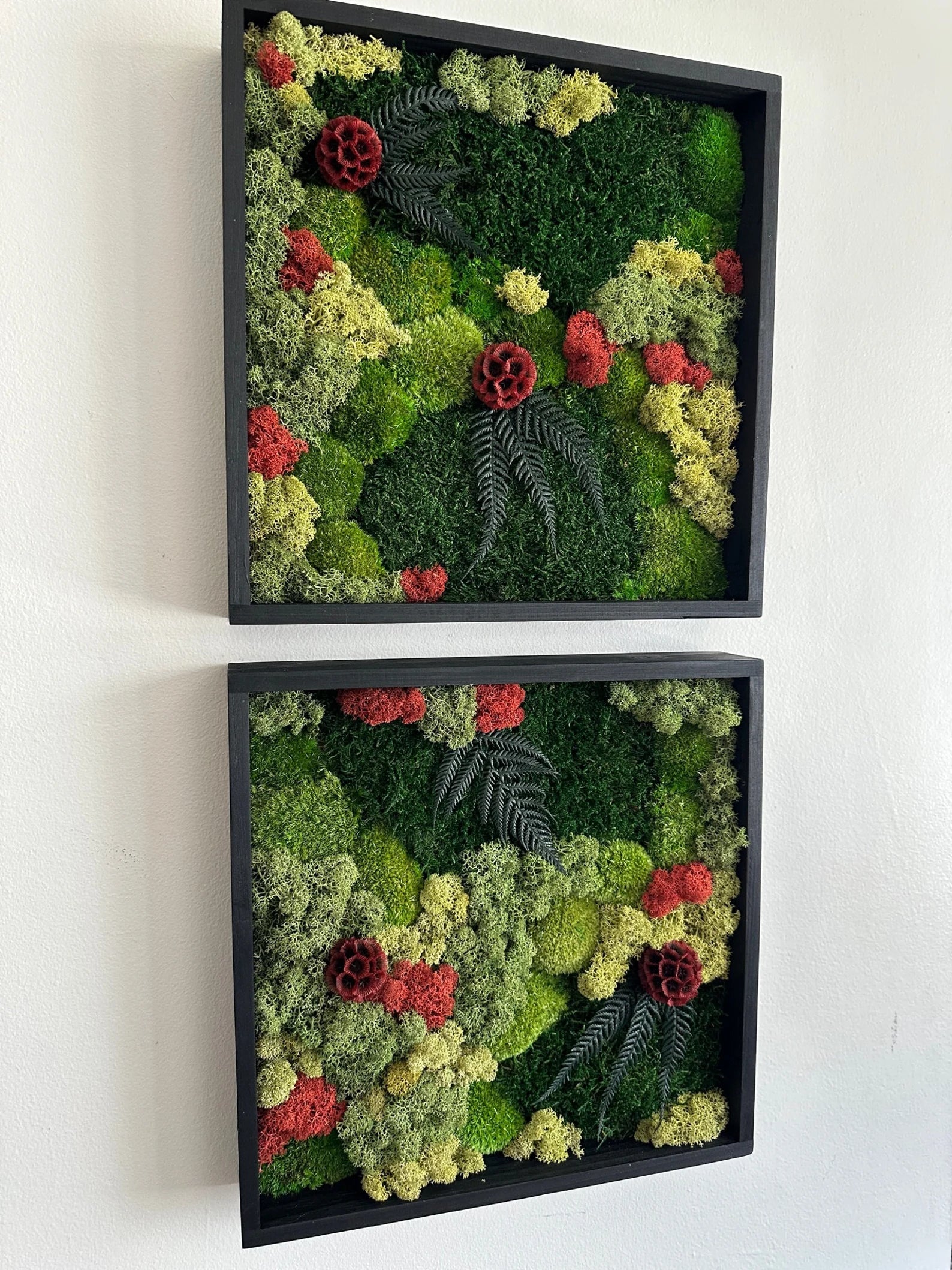 Square Moss Wall Art – Preserved Moss Frame with Flowers & Fern