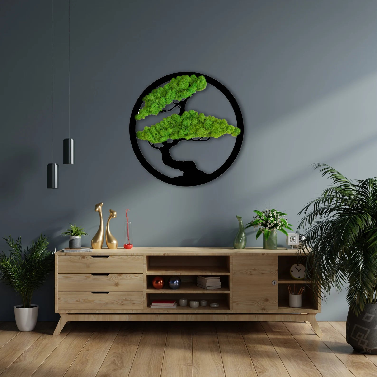 Round Live Moss Wall Art – Large Green Bonsai Tree | Eco-Friendly Handmade Home Decoration