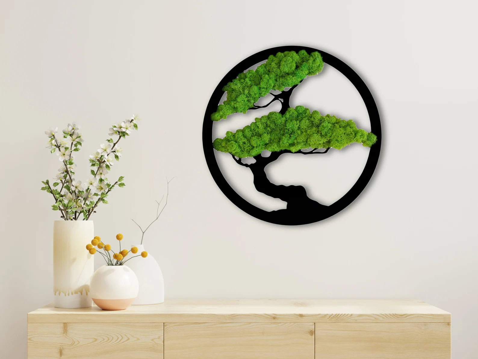 Round Live Moss Wall Art – Large Green Bonsai Tree | Eco-Friendly Handmade Home Decoration