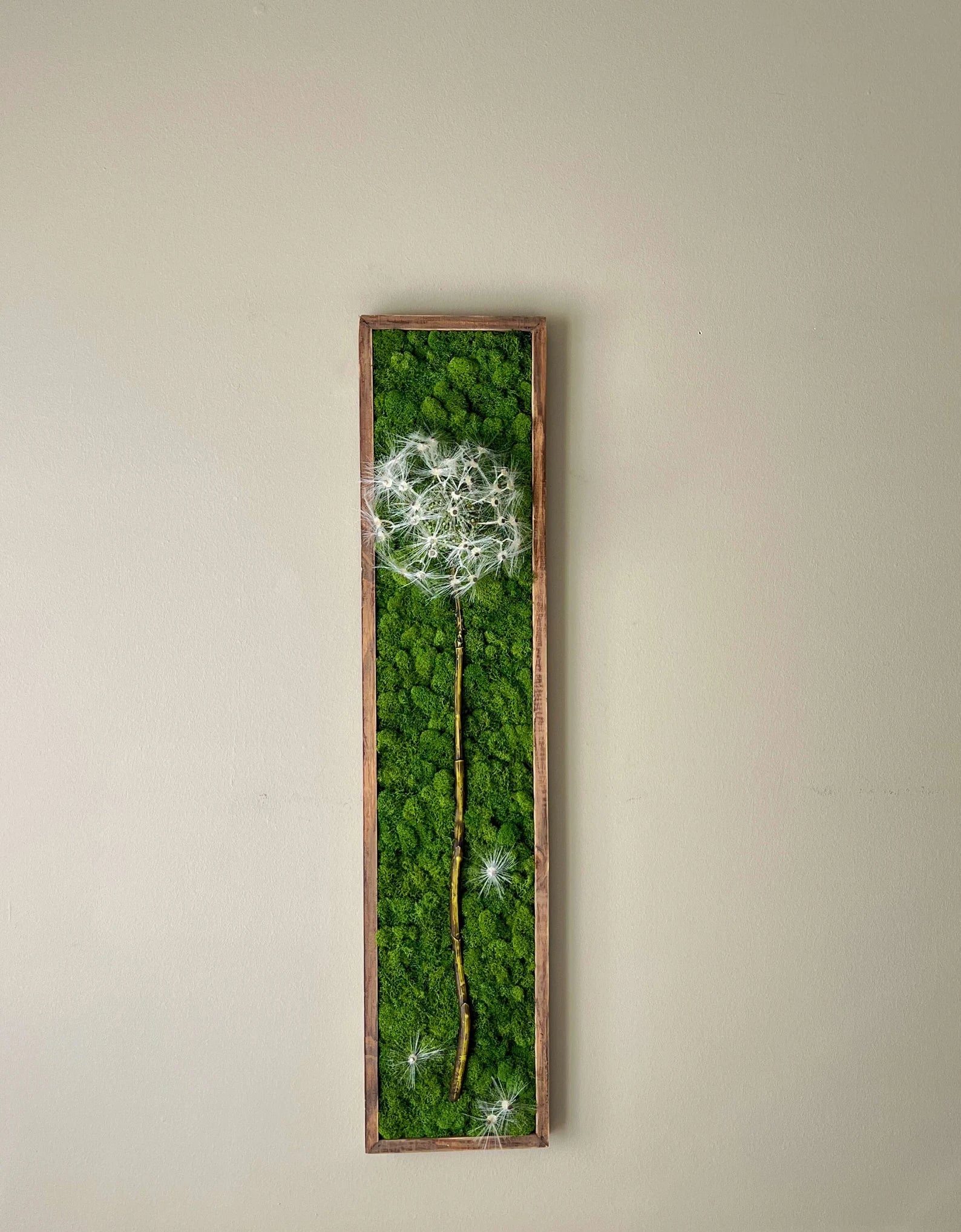 Preserved Moss Wall Art – Dandelion Design, Natural Wood Frame (36x8")