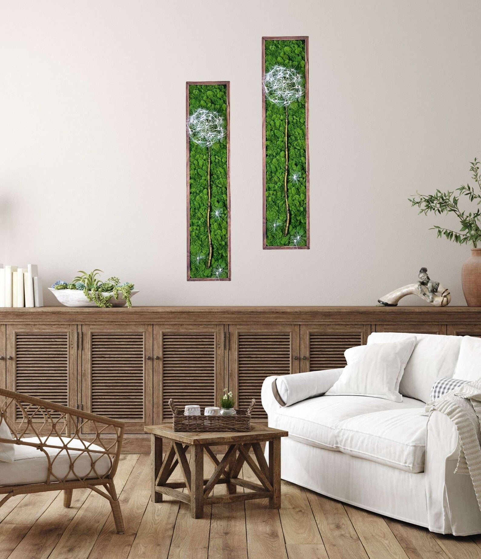 Preserved Moss Wall Art – Dandelion Design, Natural Wood Frame (36x8")