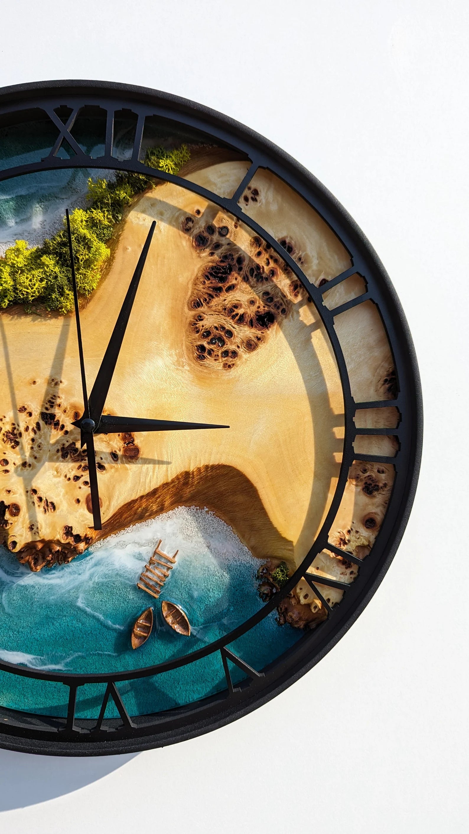Moss Wood Wall Clock – Handmade Wooden & Metal Clock, Epoxy Resin Design, Preserved Stabilized Moss Wall Art
