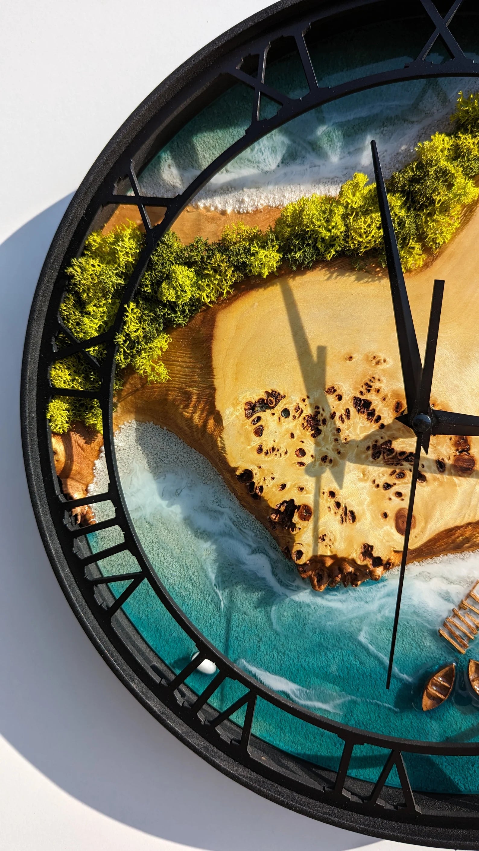 Moss Wood Wall Clock – Handmade Wooden & Metal Clock, Epoxy Resin Design, Preserved Stabilized Moss Wall Art