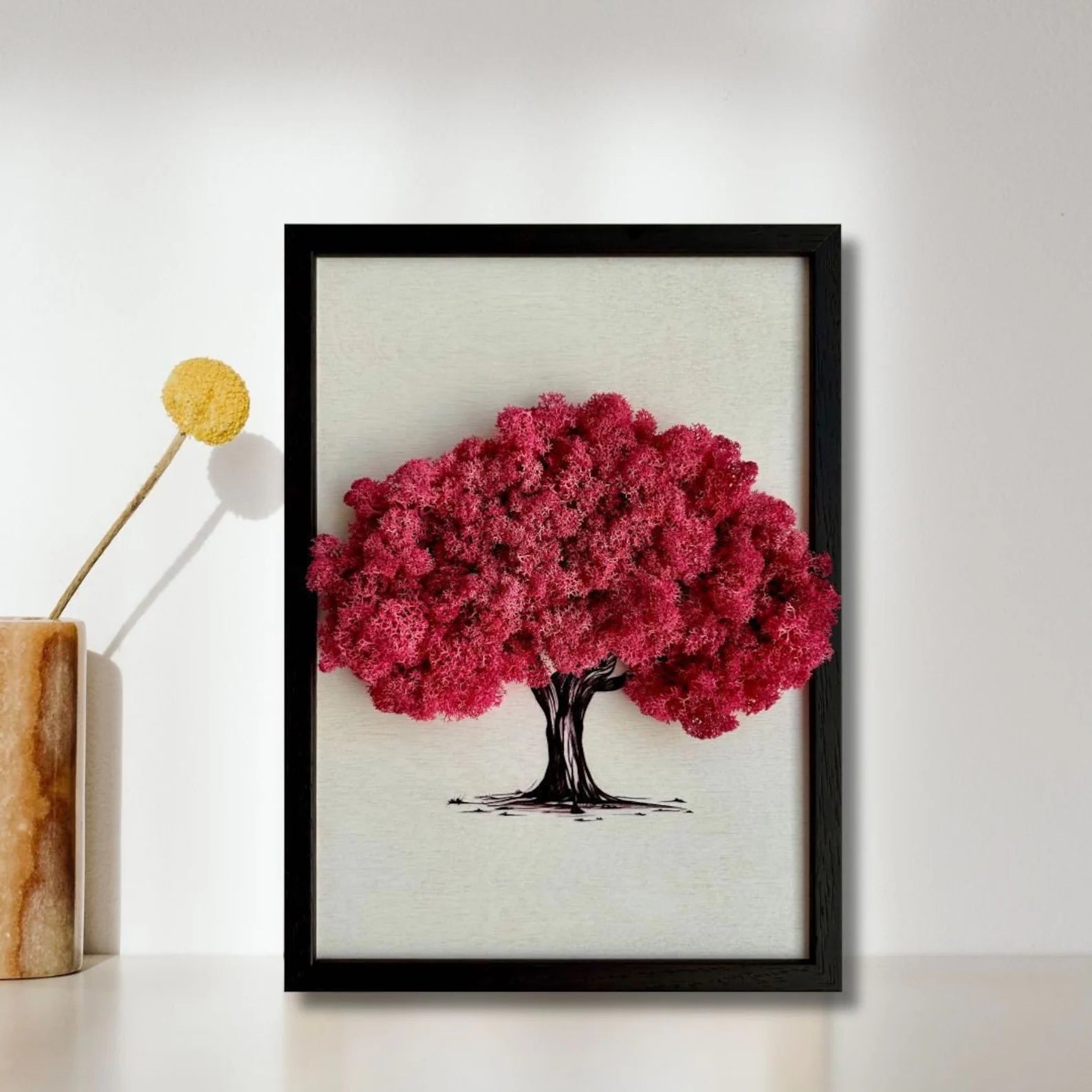 Preserved Moss Sakura Wall Art – Framed Reindeer Moss Picture, Unique Natural Home Décor Accent, Handmade Gift Idea, WDSLO