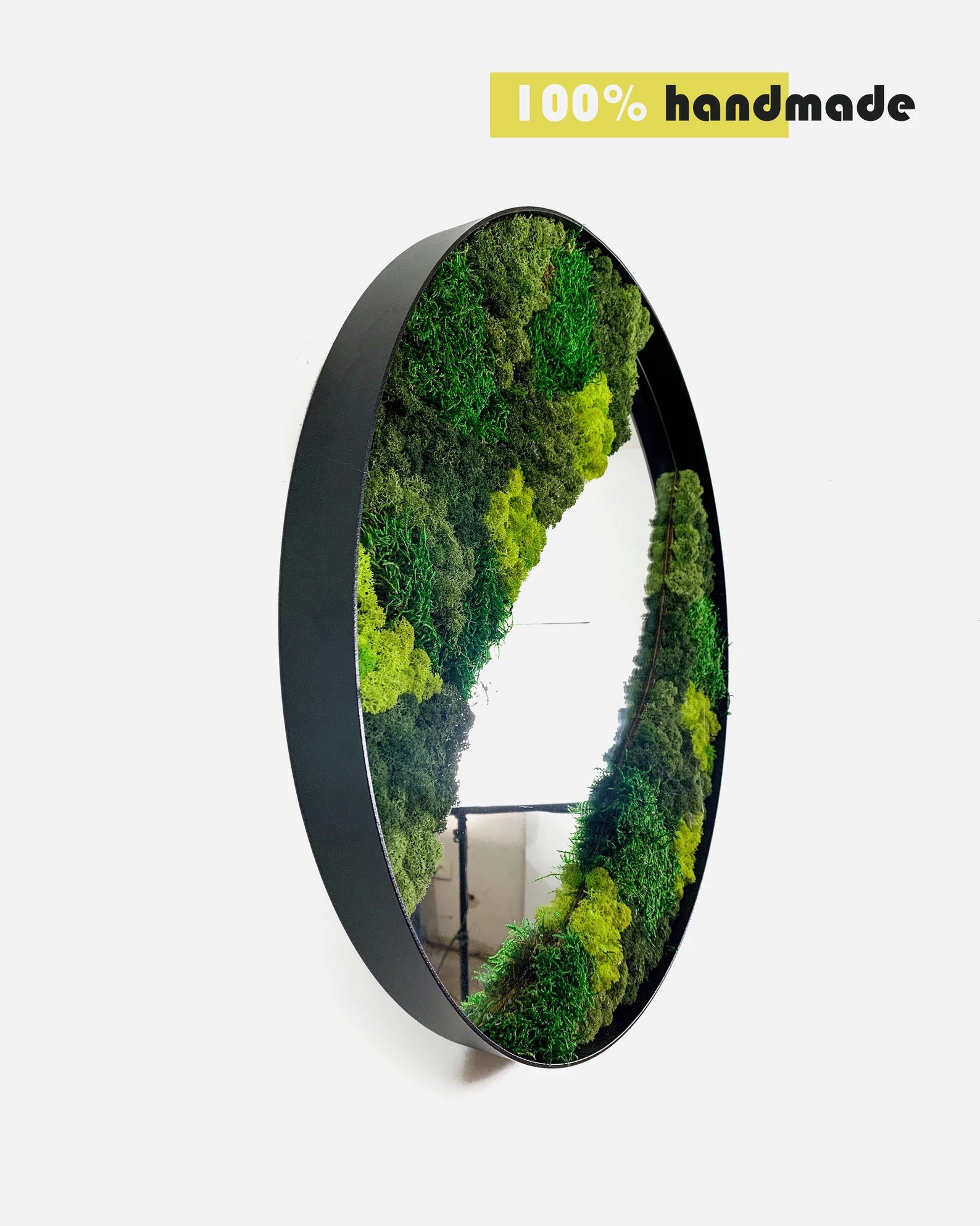 Moss Wall Art Mirror – Metal Frame Circle Mirror with Preserved Moss & Lichen, Botanical Home Decor