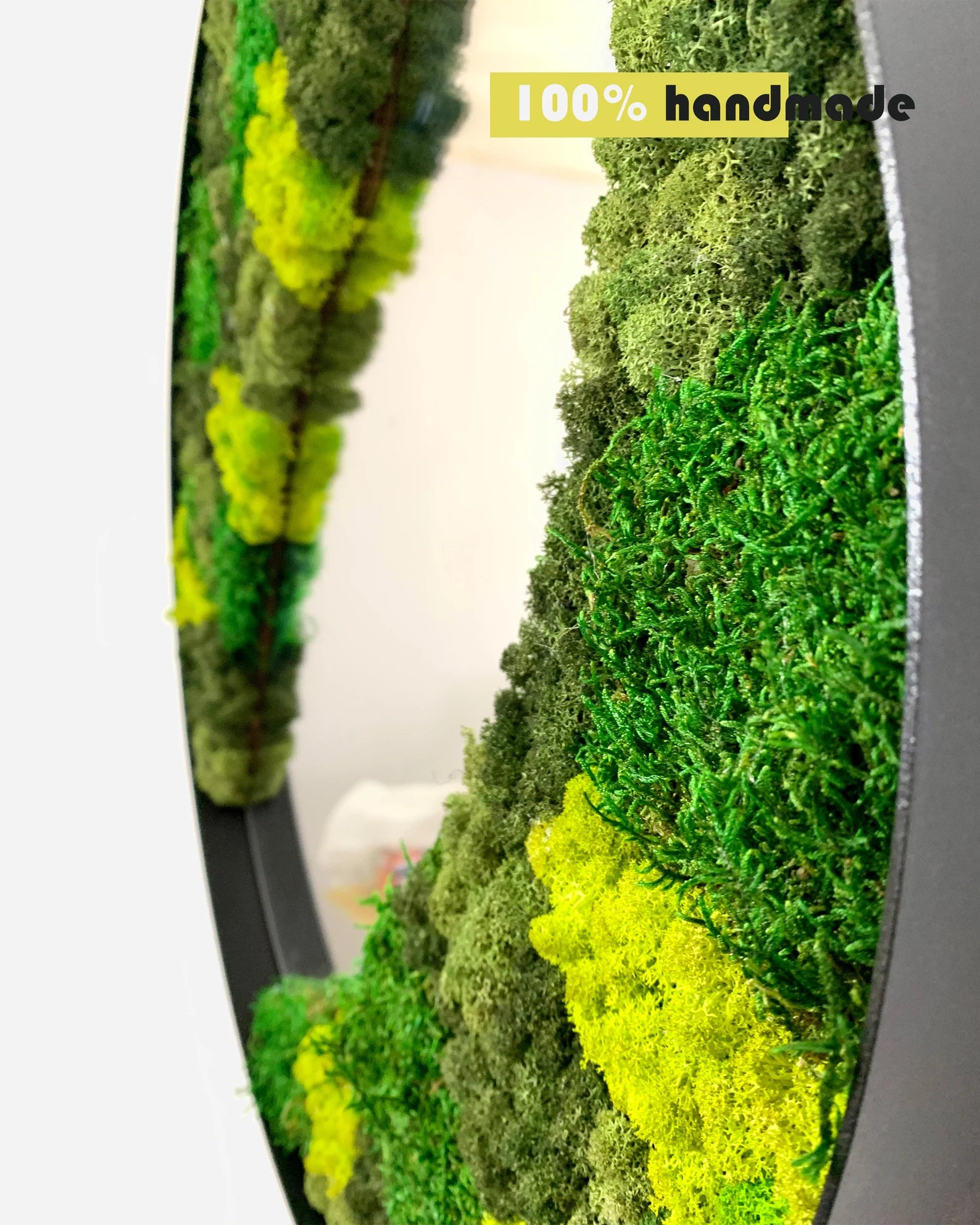 Moss Wall Art Mirror – Metal Frame Circle Mirror with Preserved Moss & Lichen, Botanical Home Decor