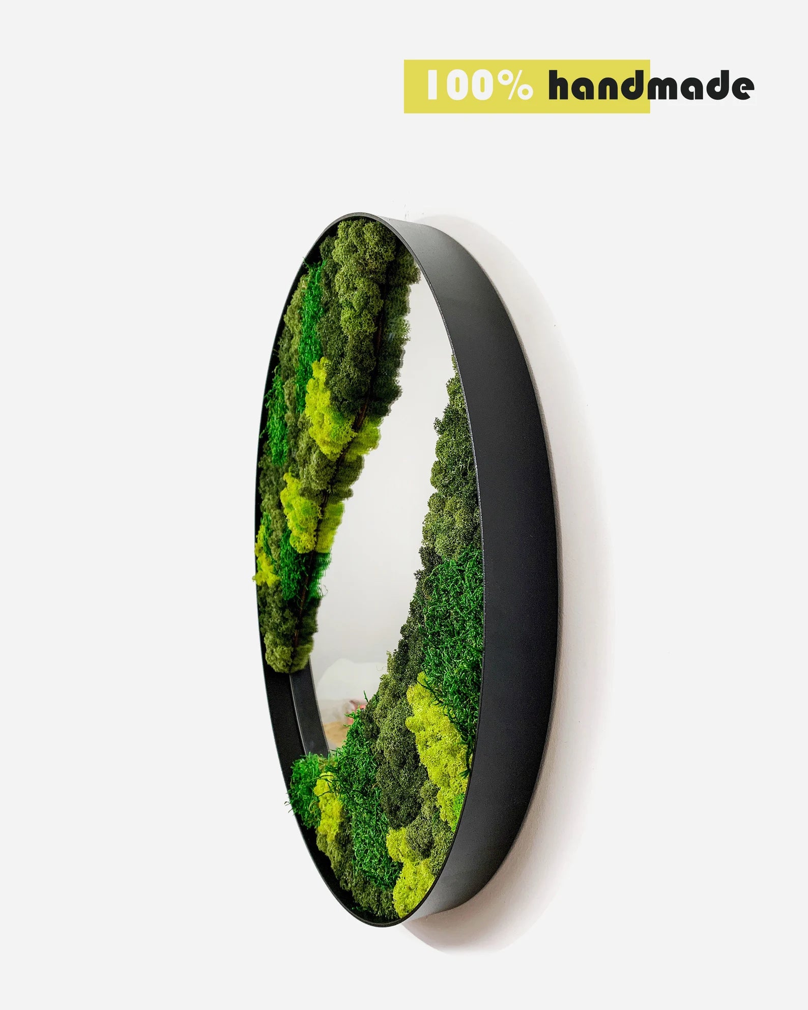Moss Wall Art Mirror – Metal Frame Circle Mirror with Preserved Moss & Lichen, Botanical Home Decor