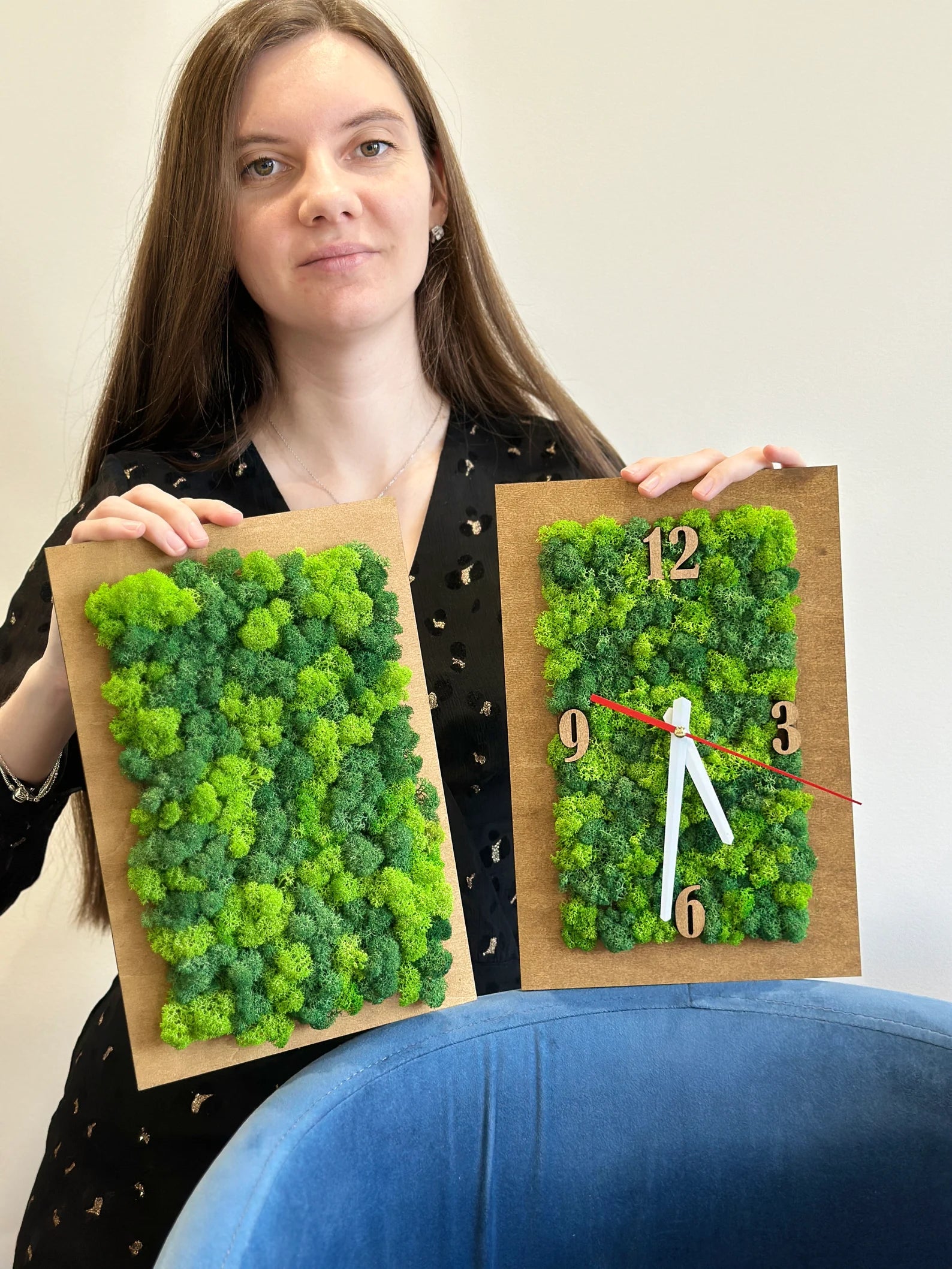 Plywood Moss Wall Clock Set – Green Preserved Moss Wall Hanging Panels