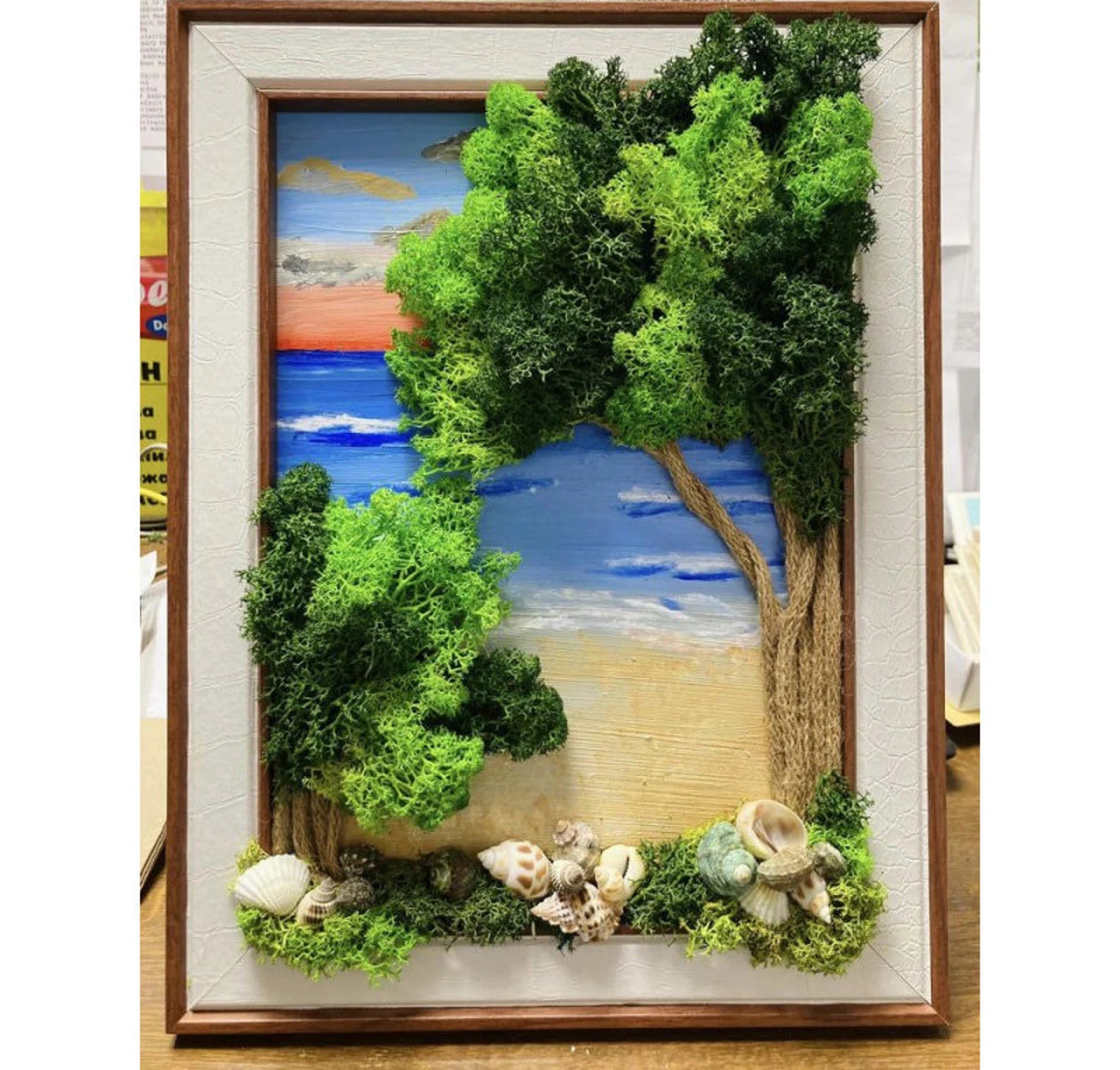 Hand-Painted Tree of Life Moss Wall Art – Framed Sea-Inspired Picture for Home & Wedding Decor