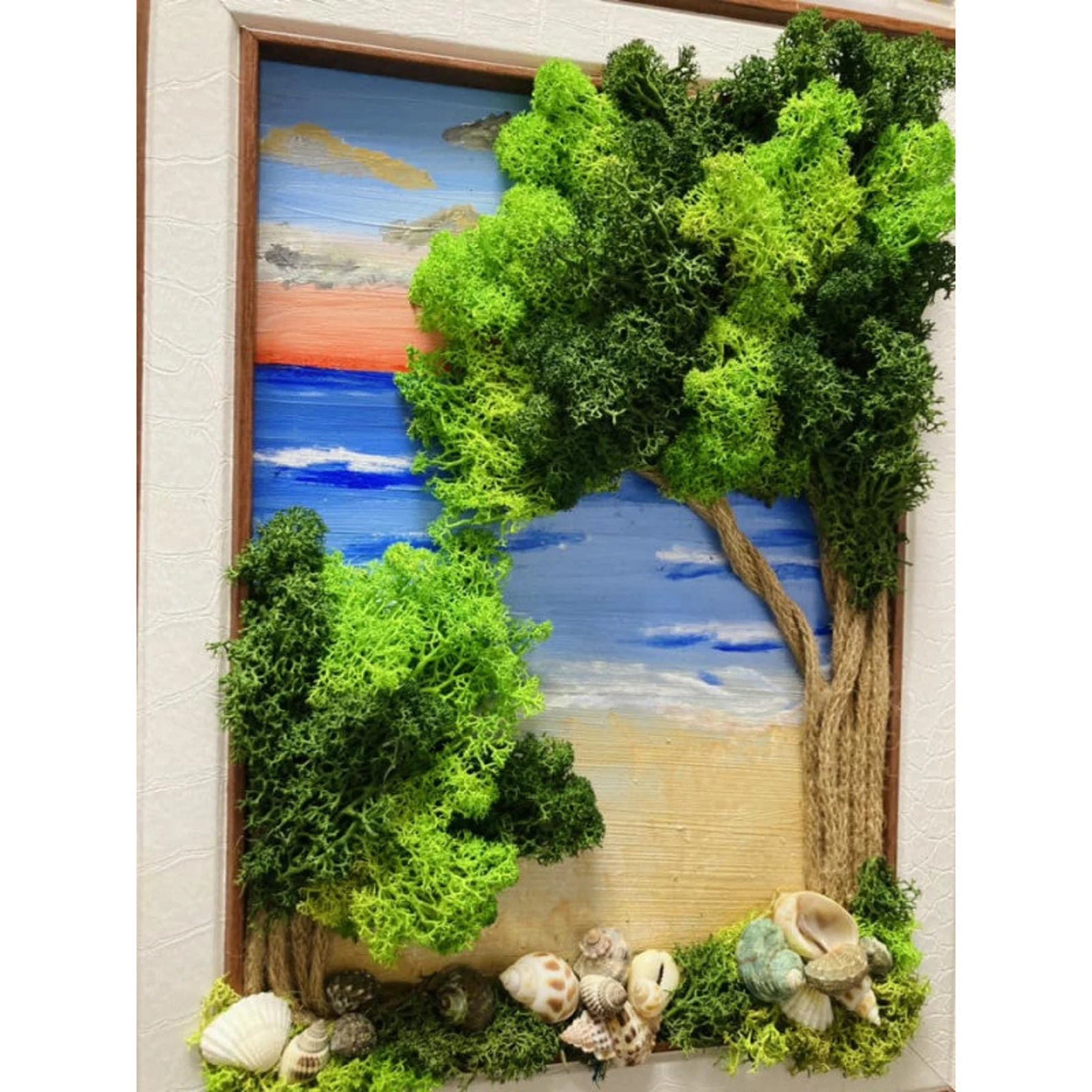Hand-Painted Tree of Life Moss Wall Art – Framed Sea-Inspired Picture for Home & Wedding Decor