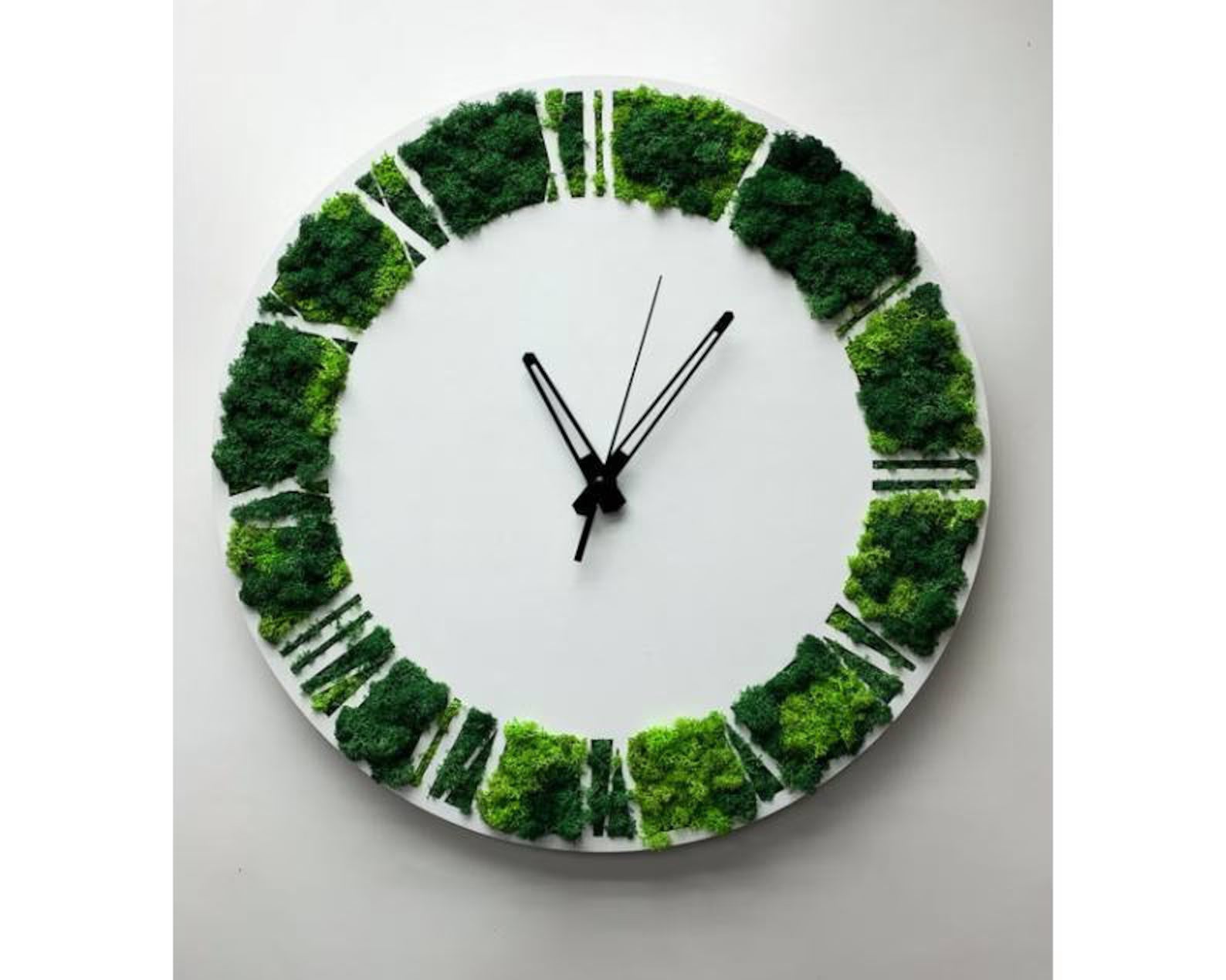 White Wooden Moss Wall Clock – Silent Botanical Wall Décor for Modern Eco Homes