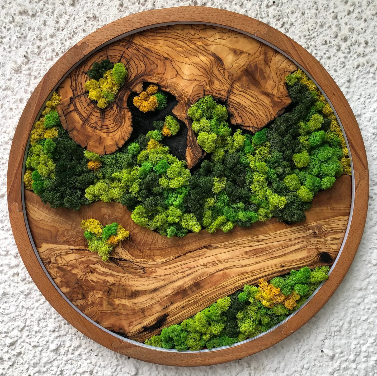 Vivid Green Circular Moss Wall Art – Preserved Moss with LED Lights, Framed Organic Home Décor