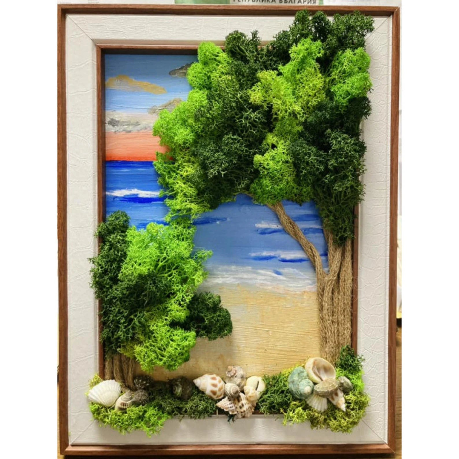 Hand-Painted Tree of Life Moss Wall Art – Framed Sea-Inspired Picture for Home & Wedding Decor