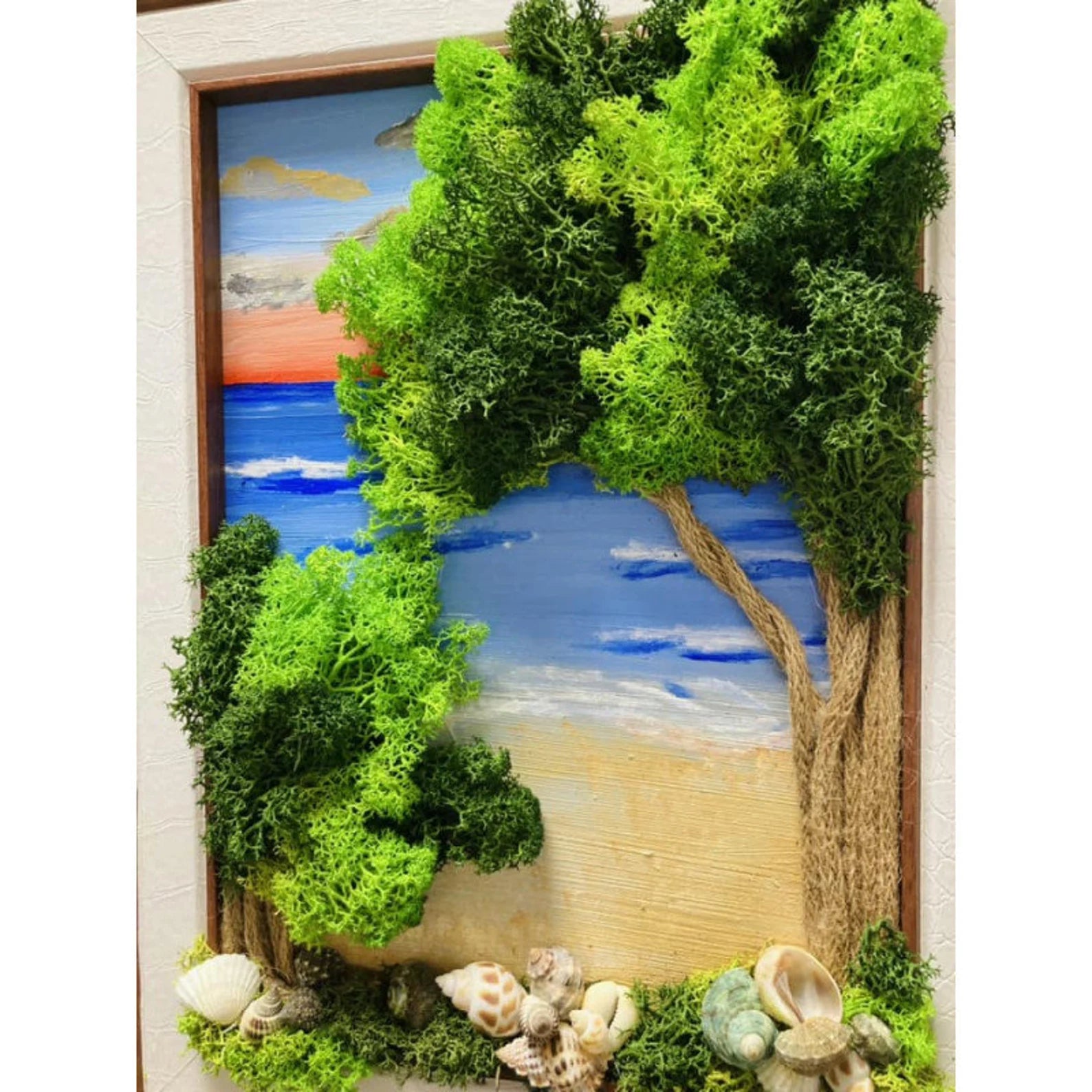 Hand-Painted Tree of Life Moss Wall Art – Framed Sea-Inspired Picture for Home & Wedding Decor