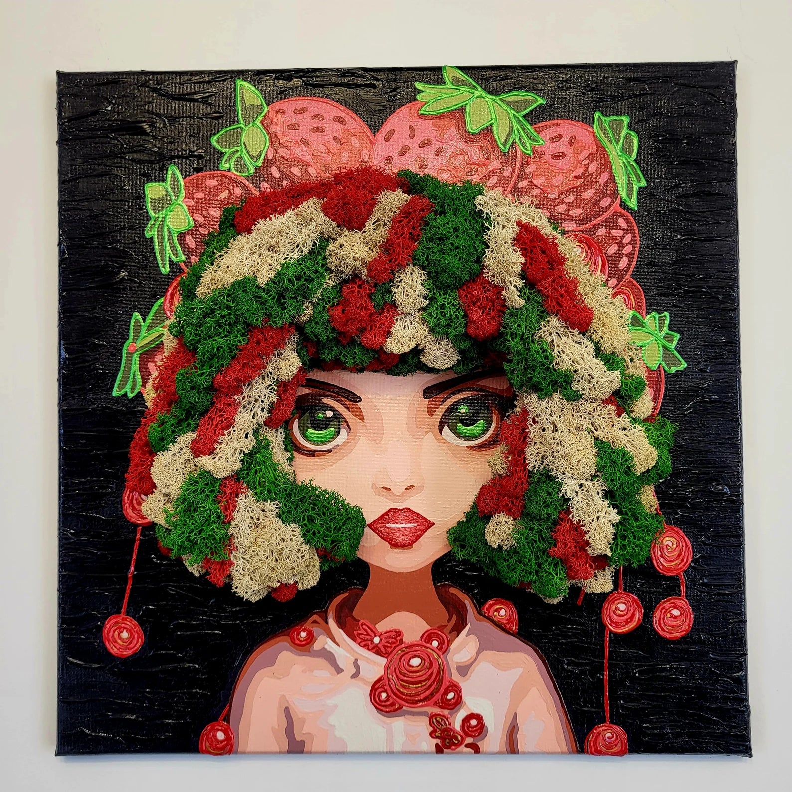 Wonderful Moss Art “Fruit Mood” – Colorful Girl Portrait Wall Hanging | Handmade Eco-Friendly Moss Decor | Unique Gift for Home or Office