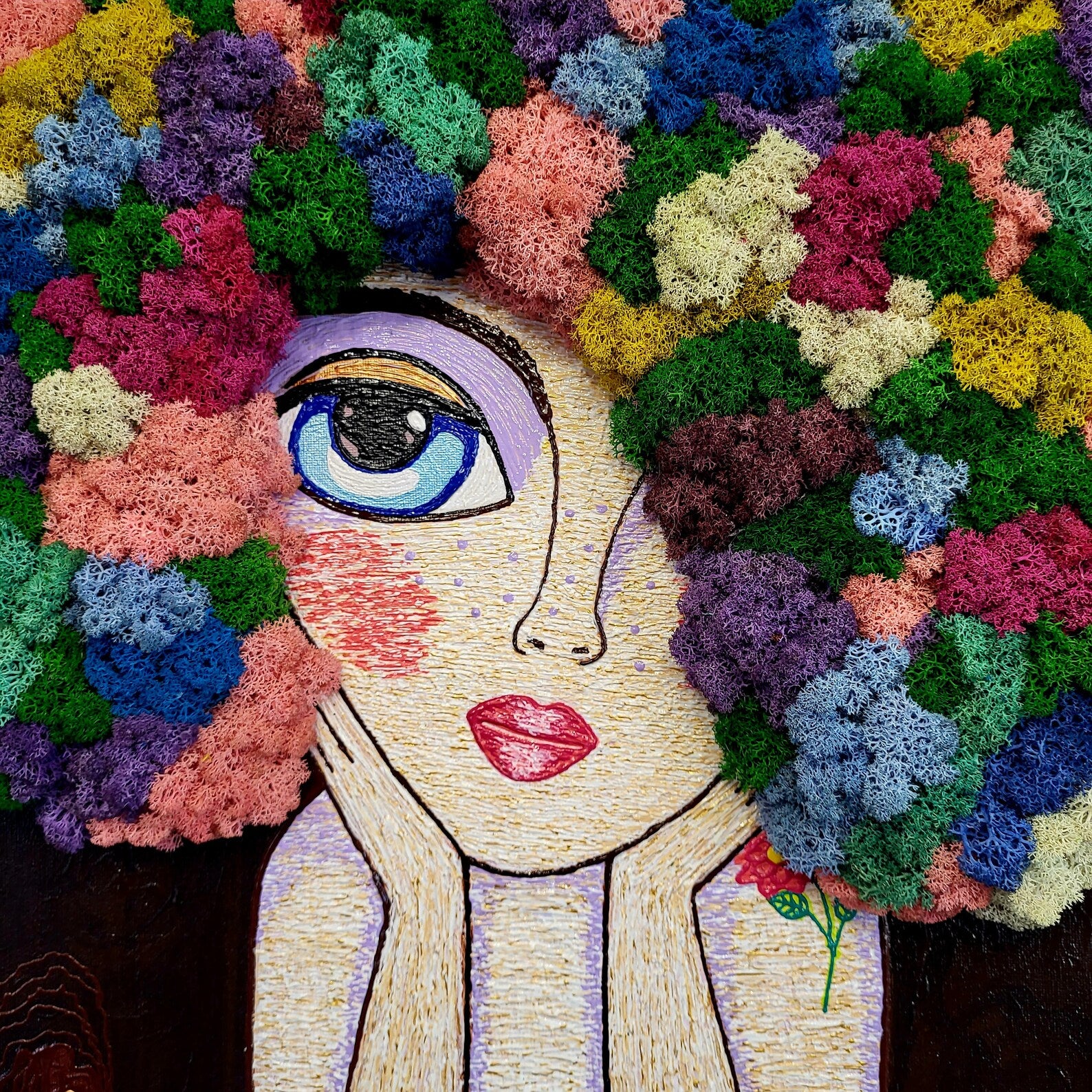 Fairytale Moss Painting “Flower Fairy” – Girl’s Portrait Wall Art | Eco-Friendly Colored Moss Decor | Unique Handmade Gift for Her