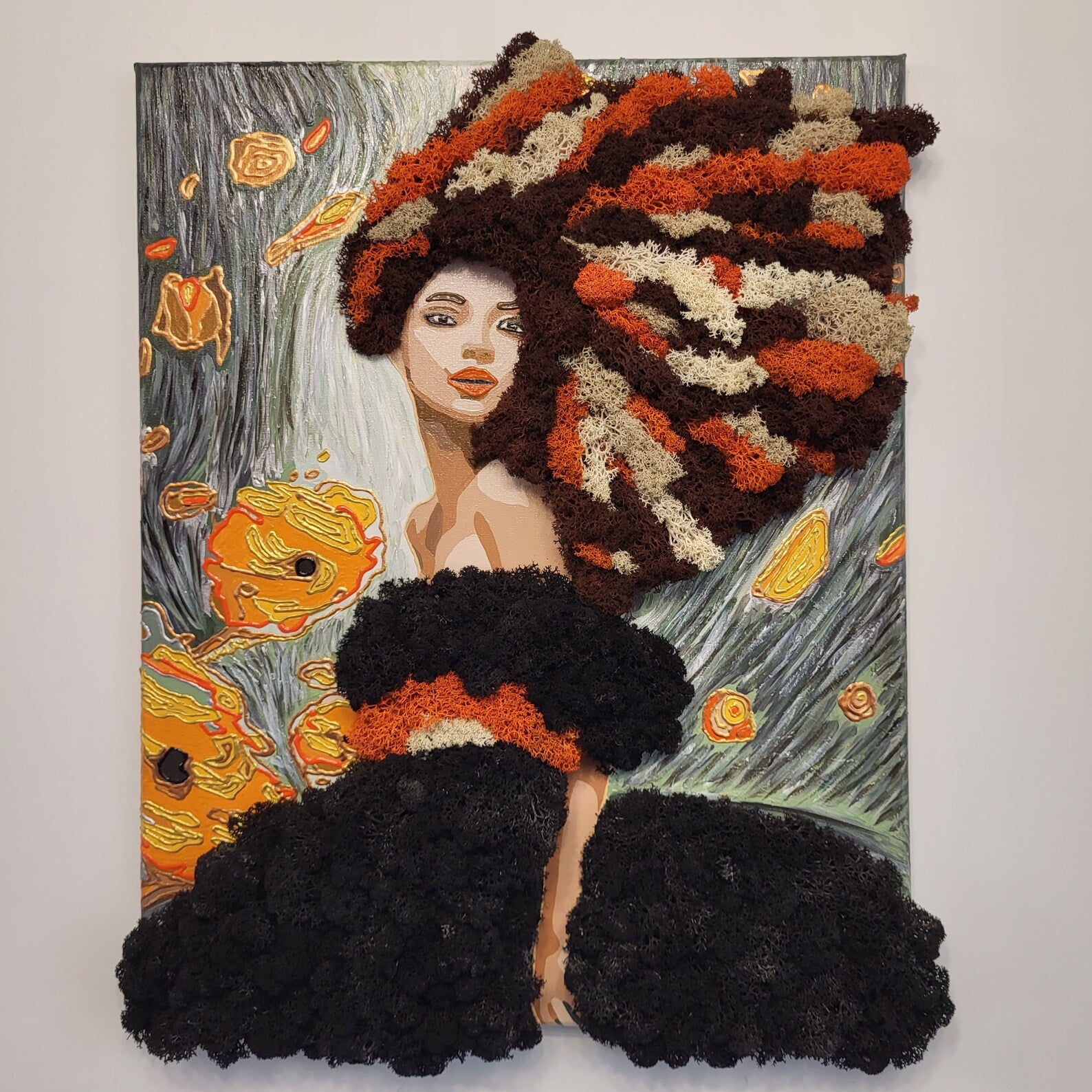 Colored Moss Painting "Emotional Whirlwind" – Eco-Friendly Woman Portrait Wall Art | Unique Preserved Moss Gift