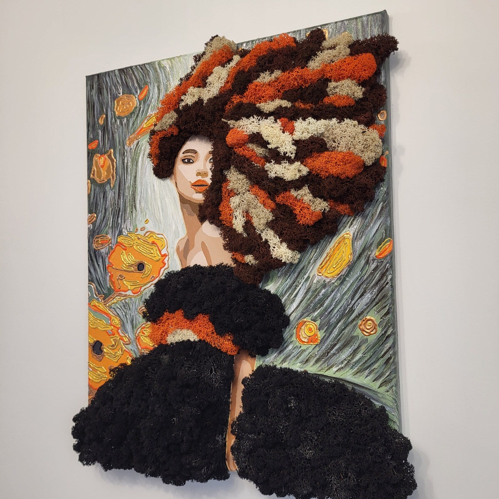 Colored Moss Painting "Emotional Whirlwind" – Eco-Friendly Woman Portrait Wall Art | Unique Preserved Moss Gift