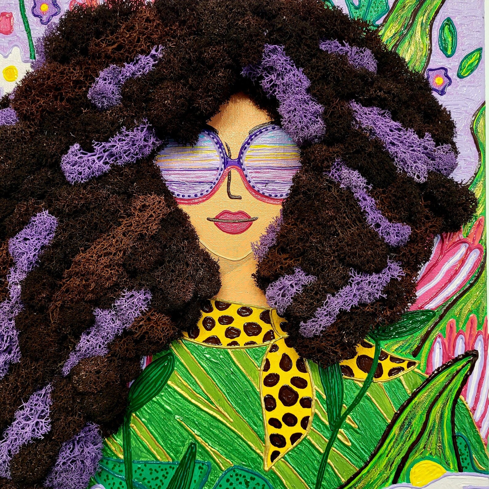 Exquisite Moss Painting “Lady in Flowers” – Woman Portrait Wall Art | Eco-Friendly Colorful Moss Decor | Wall Hanging Preserved Gift