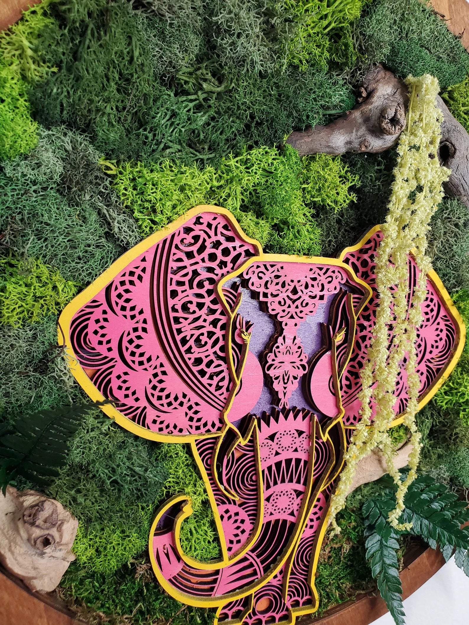 Boho Elephant Moss Wall Art – Preserved Moss Wood Frame Decor
