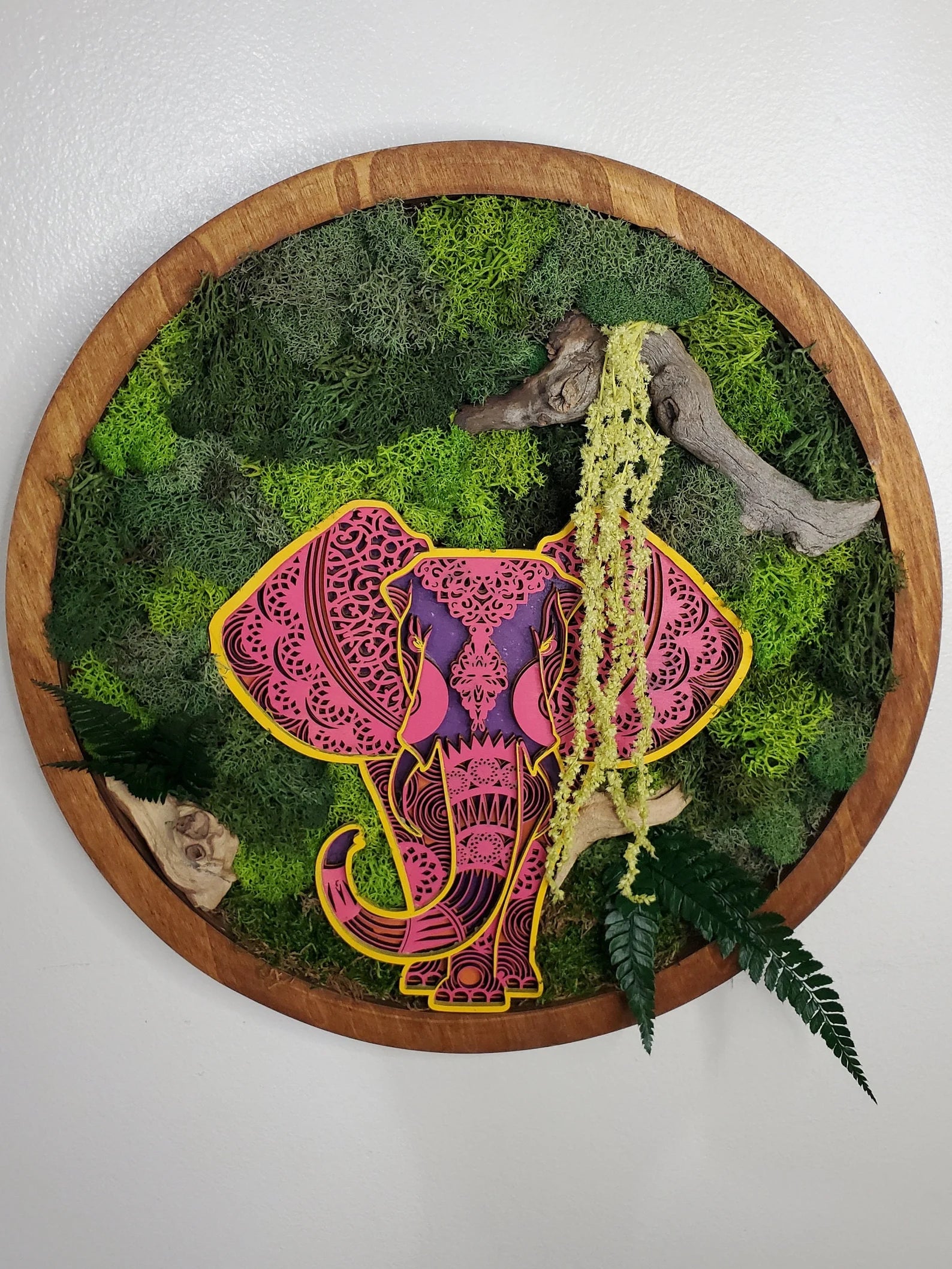 Boho Elephant Moss Wall Art – Preserved Moss Wood Frame Decor