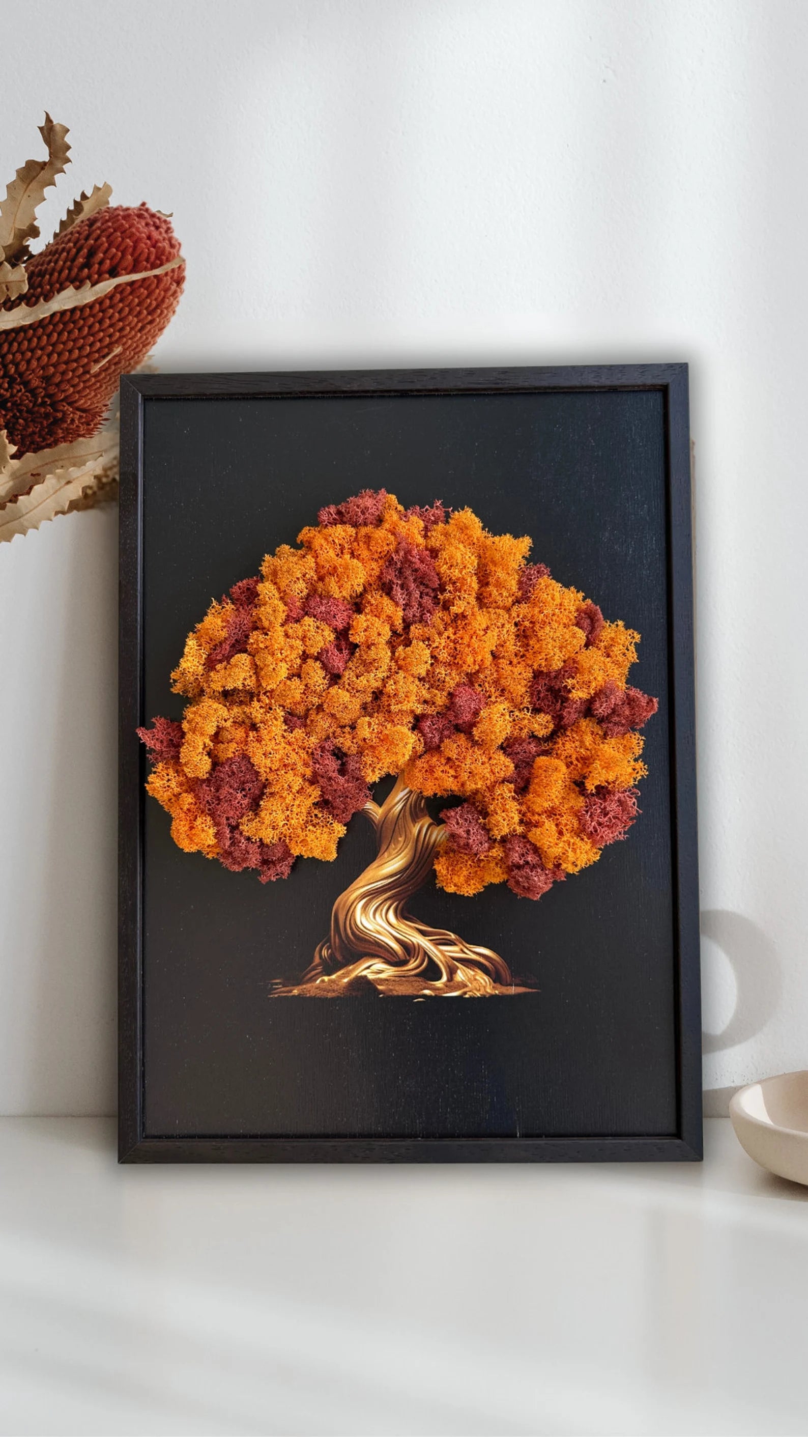Moss Wall Art Tree – Framed Black Accent with Orange Preserved Moss