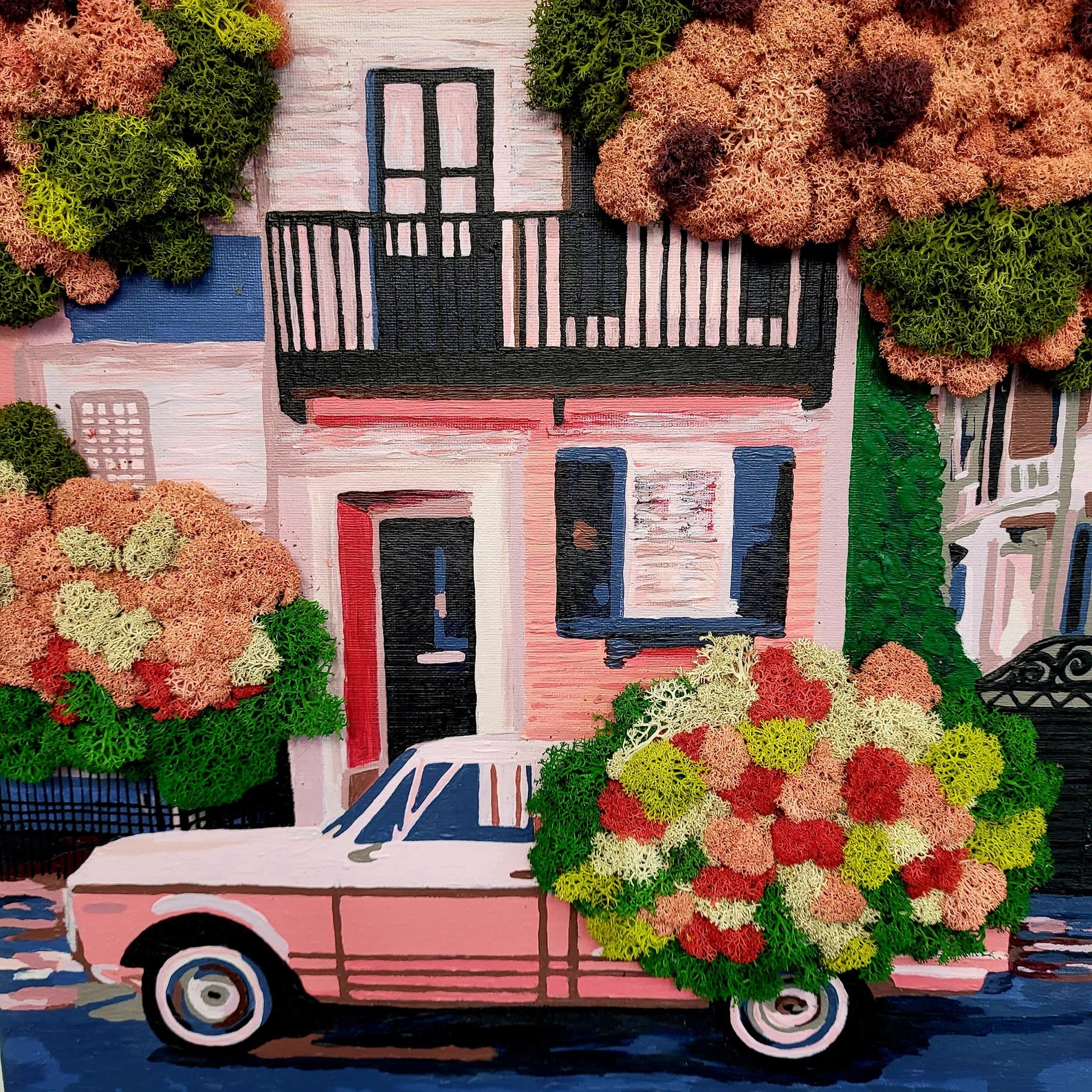 Moss Painting “Floral Drive” | Colorful Vintage Car Street Wall Art