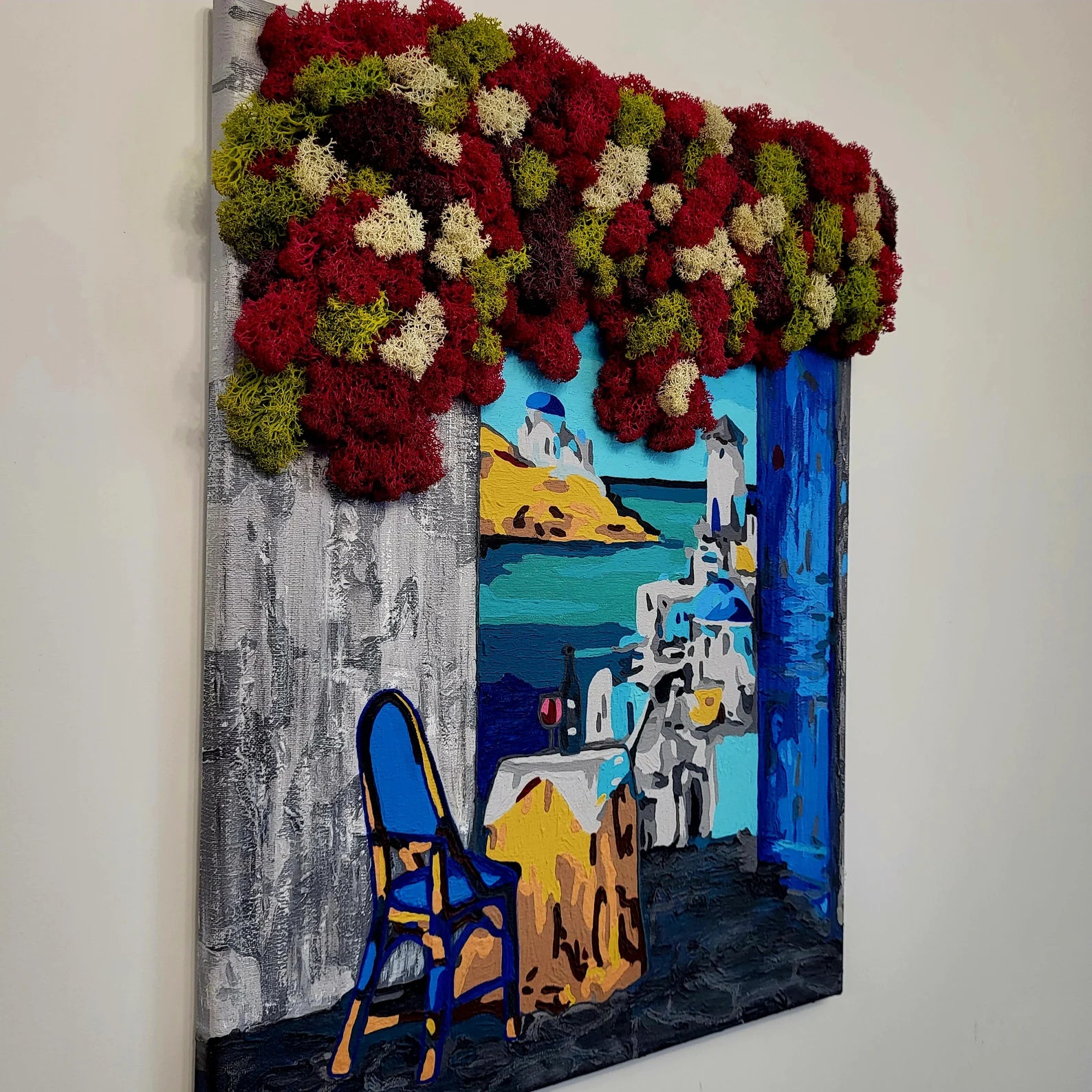 Santorini Dreamscape Moss Art | Eco-Friendly Greek Village Wall Decor