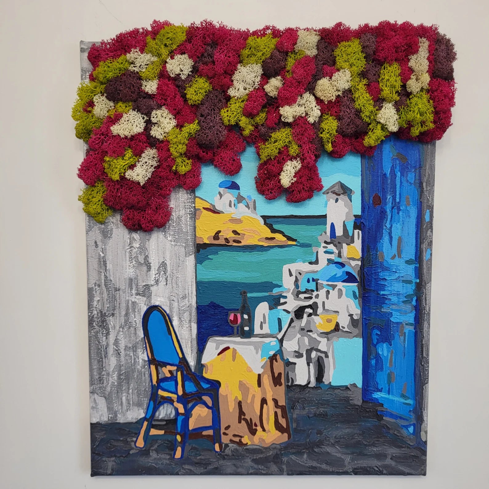 Santorini Dreamscape Moss Art | Eco-Friendly Greek Village Wall Decor