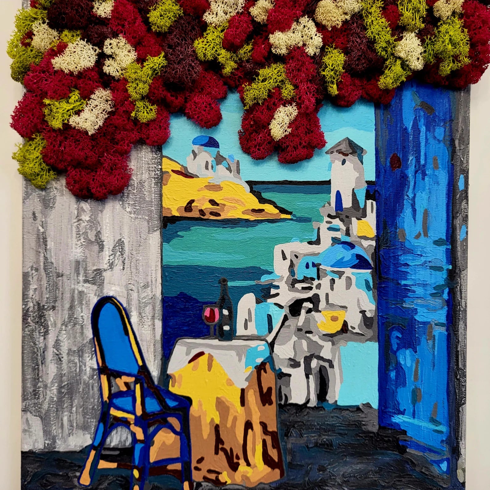 Santorini Dreamscape Moss Art | Eco-Friendly Greek Village Wall Decor