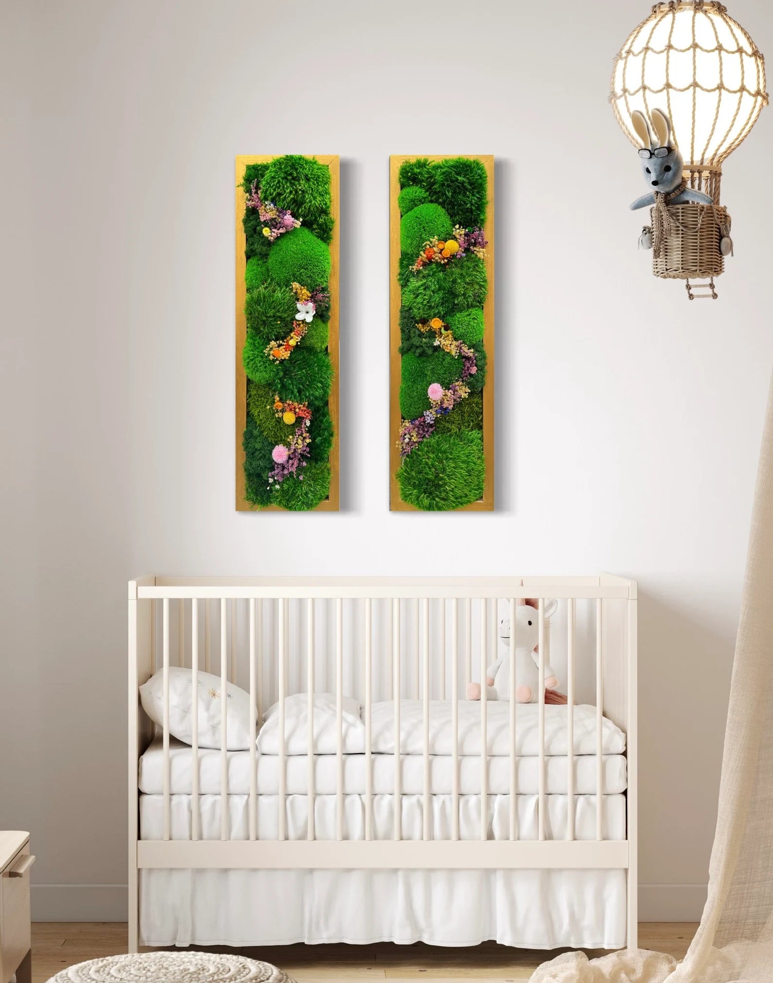 Moss Wall Art with Flowers – Preserved Green Moss Art, Handmade Botanical Wall Décor, Living Moss Picture, Unique Natural Home Accent