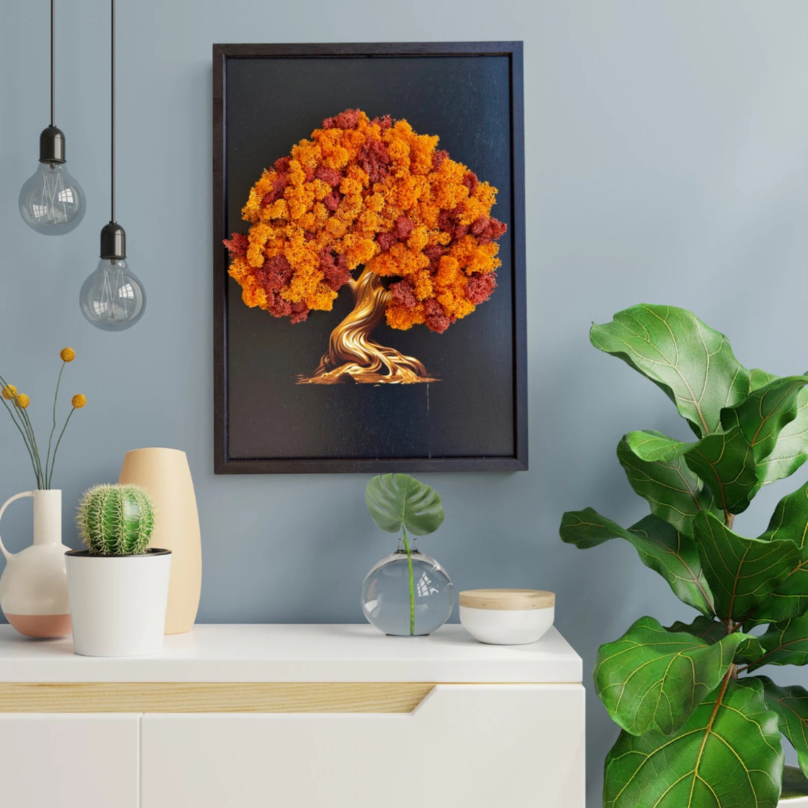 Moss Wall Art Tree – Framed Black Accent with Orange Preserved Moss