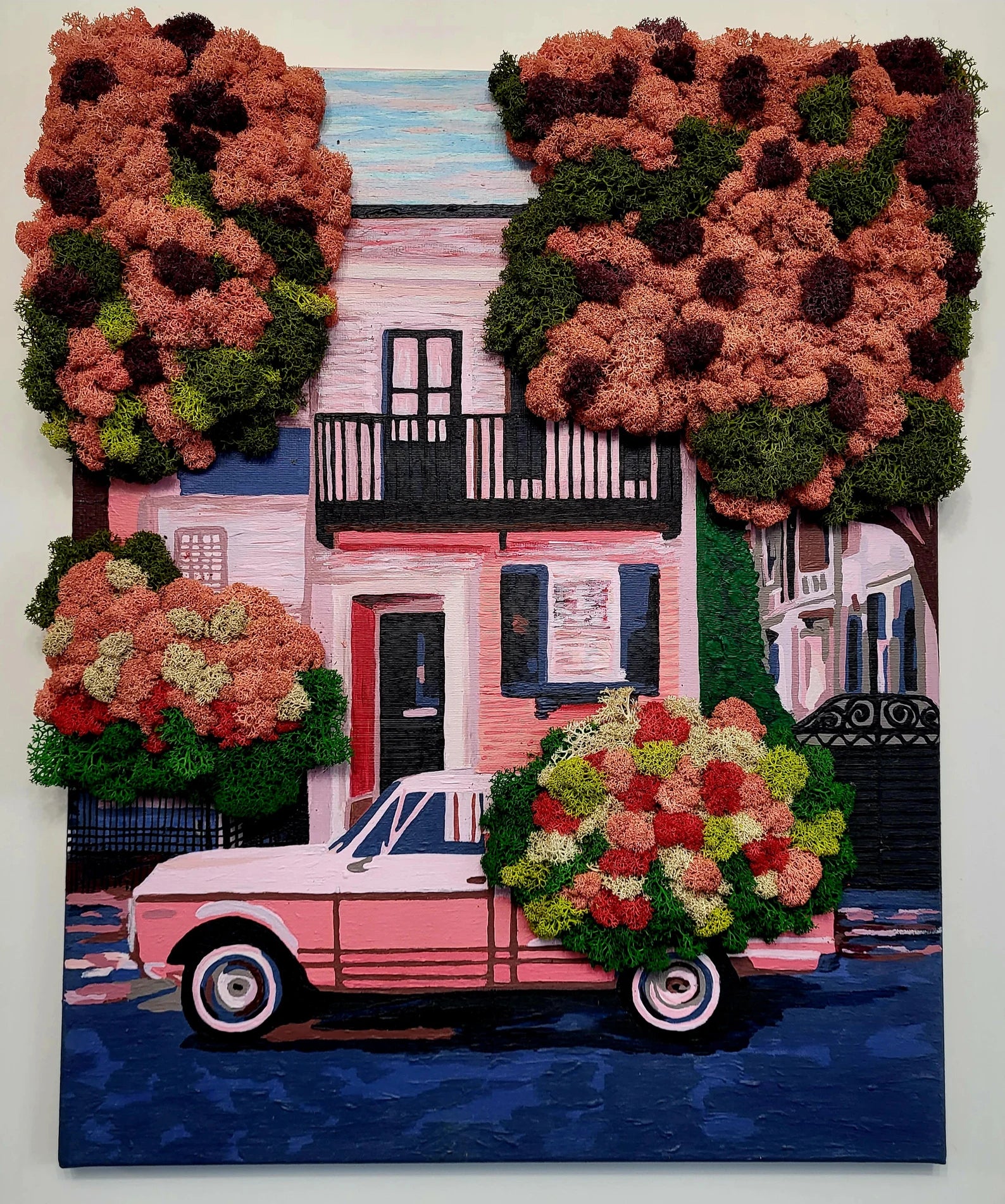 Moss Painting “Floral Drive” | Colorful Vintage Car Street Wall Art