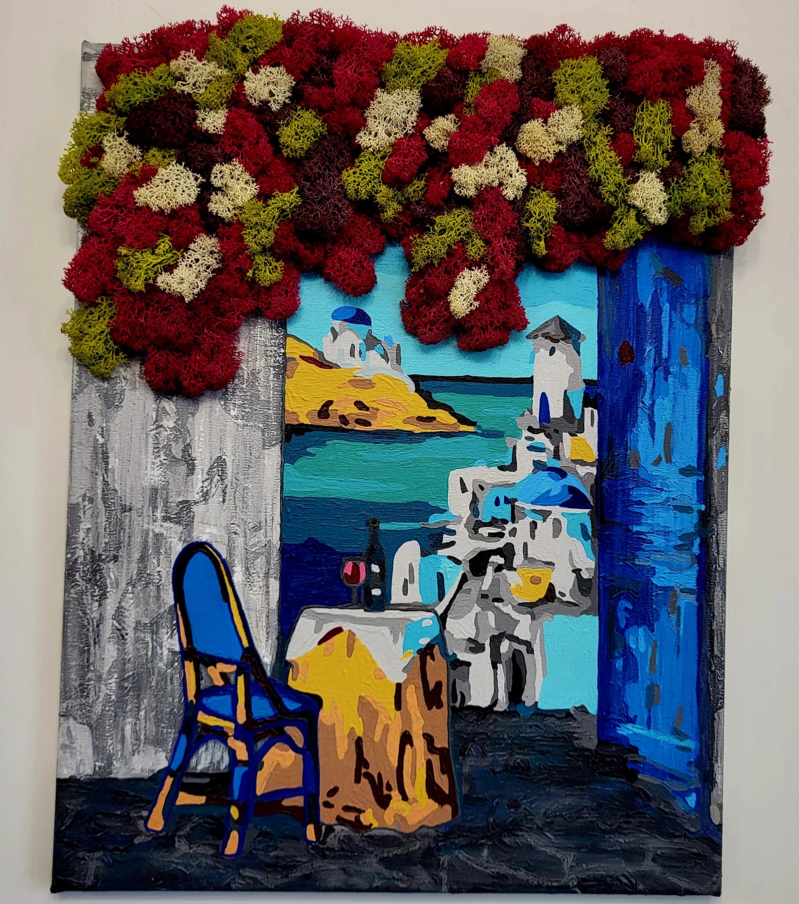 Santorini Dreamscape Moss Art | Eco-Friendly Greek Village Wall Decor