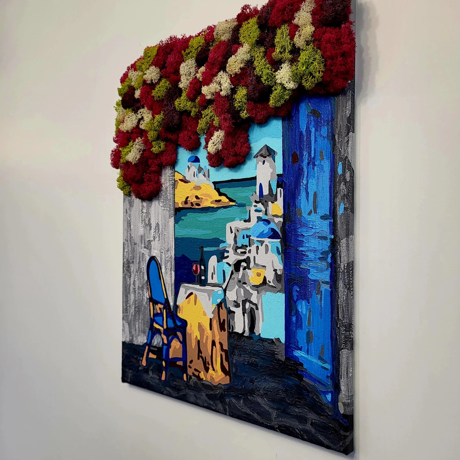 Santorini Dreamscape Moss Art | Eco-Friendly Greek Village Wall Decor