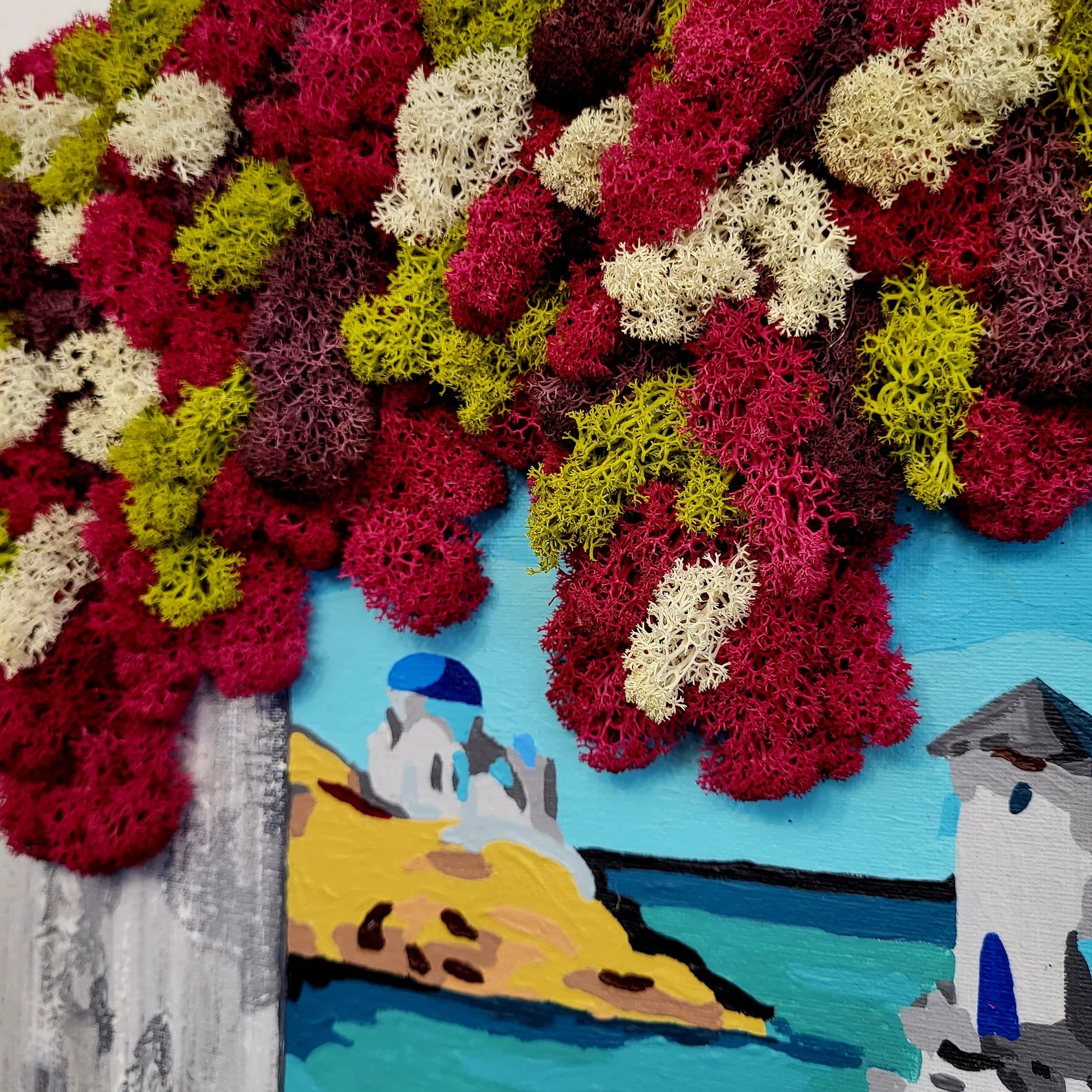 Santorini Dreamscape Moss Art | Eco-Friendly Greek Village Wall Decor