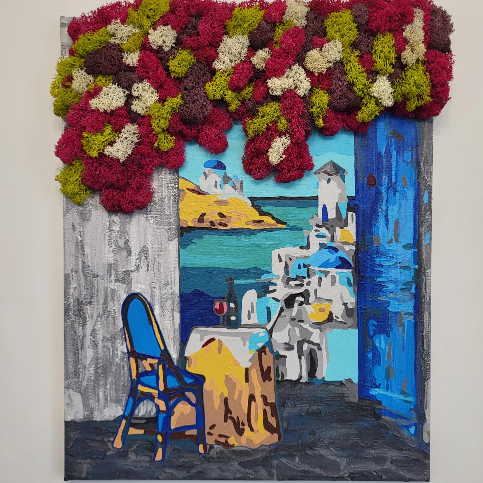 Santorini Dreamscape Moss Art | Eco-Friendly Greek Village Wall Decor