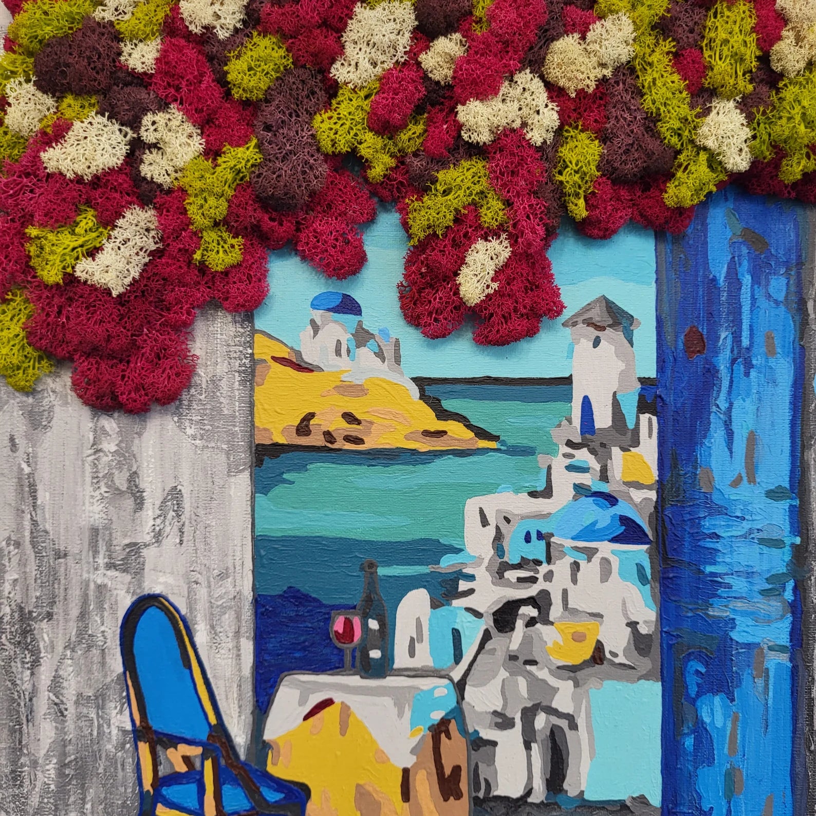 Santorini Dreamscape Moss Art | Eco-Friendly Greek Village Wall Decor